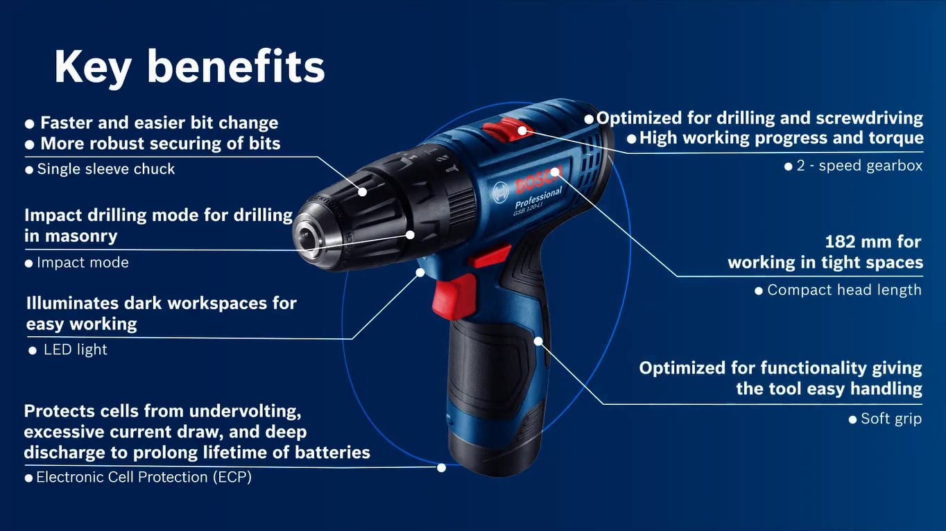 Bosch Professional GSB 120-LI Cordless Impact Drill Driver, 12 V, 10 mm Chuck, 2 x GBA 12 V 2.0Ah Battery