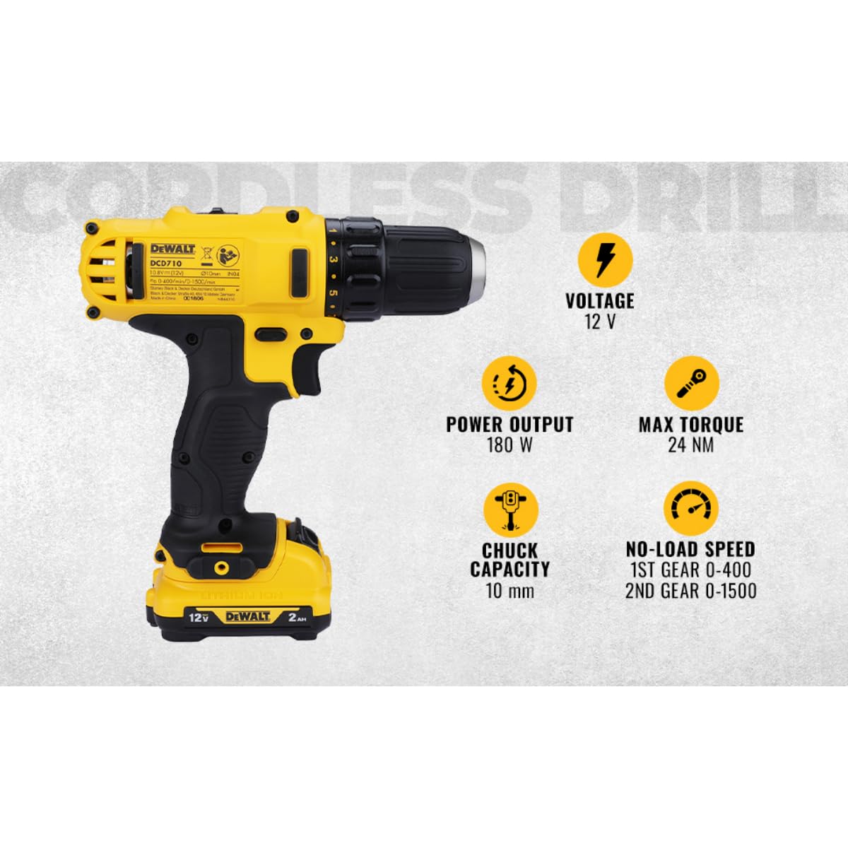 DEWALT DCD710D2-IN 12V Max 10mm Lithium-Ion Cordless Drill With 2 AH Capacity x 2 Batteries Included