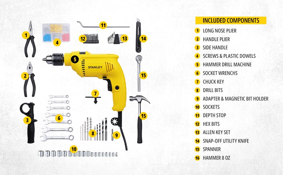 STANLEY SDH600KM-IN 600W 13mm Drill Machine with Mechanical Toolkit for Home, DIY & Professional Use (120-Pieces) – Includes Hammer Drill, Hammer & Measurement Tape, 1 Year Warranty
