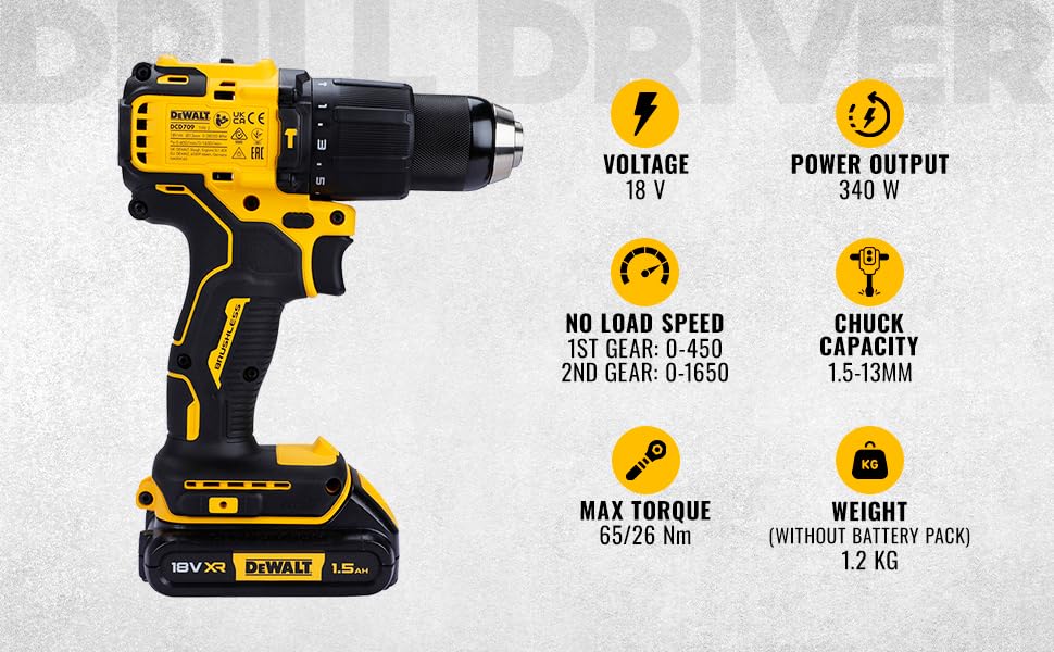 Dewalt DCD709S2T-QW Hammer Drill Machine Driver With Brushless Motor-2X1.5Ah Batteries Included For Drilling Purpose- 18V Li-Ion Sub-Compact Series Cordless 1213Mm