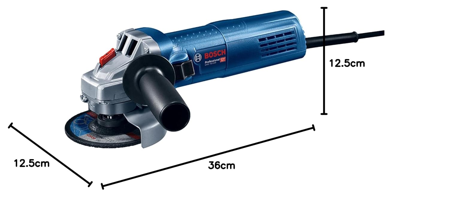 BOSCH GWS 750-100 Angle Grinder (750W, 100mm Disc, 11,000 RPM) with Anti-Rotation Guard, Slim Ergonomic Design & Accessories