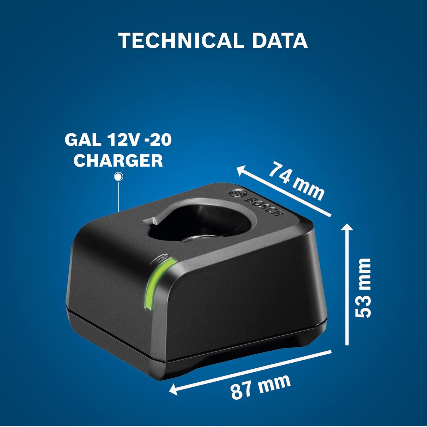 BOSCH GAL 12V-20 Battery Charger | for Bosch Tubular Batteries | 80/20 Dual-Charging Mode | Fast Initial Charge (80%) | Input Voltage 230 V| Charging Status Light | 1 x 12V-20 Battery Charger