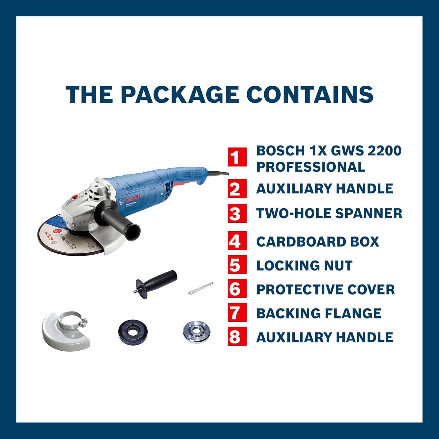 Bosch GWS 2200 Corded Electric Angle Grinder, M14, disc diameter 180 mm, 2,200W, 8,500 rpm, M14 for Metal & Construction, 5 kg