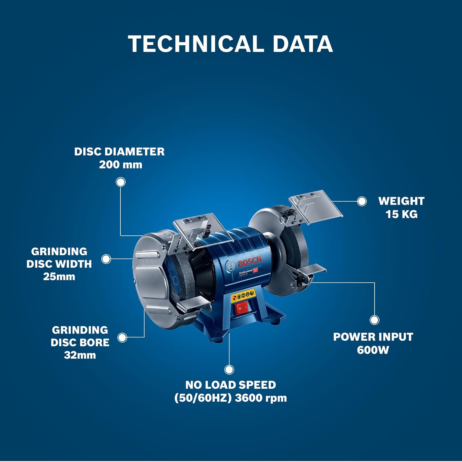 BOSCH GBG 60-20 Heavy Duty Double Wheeled Bench Grinder | 600 W | Die-Cast Aluminium Housing with Ball Bearings | Rated Speed 3600 rpm | 200 mm Grinding Disc| Professional Power Tool | 1 Yr Warranty