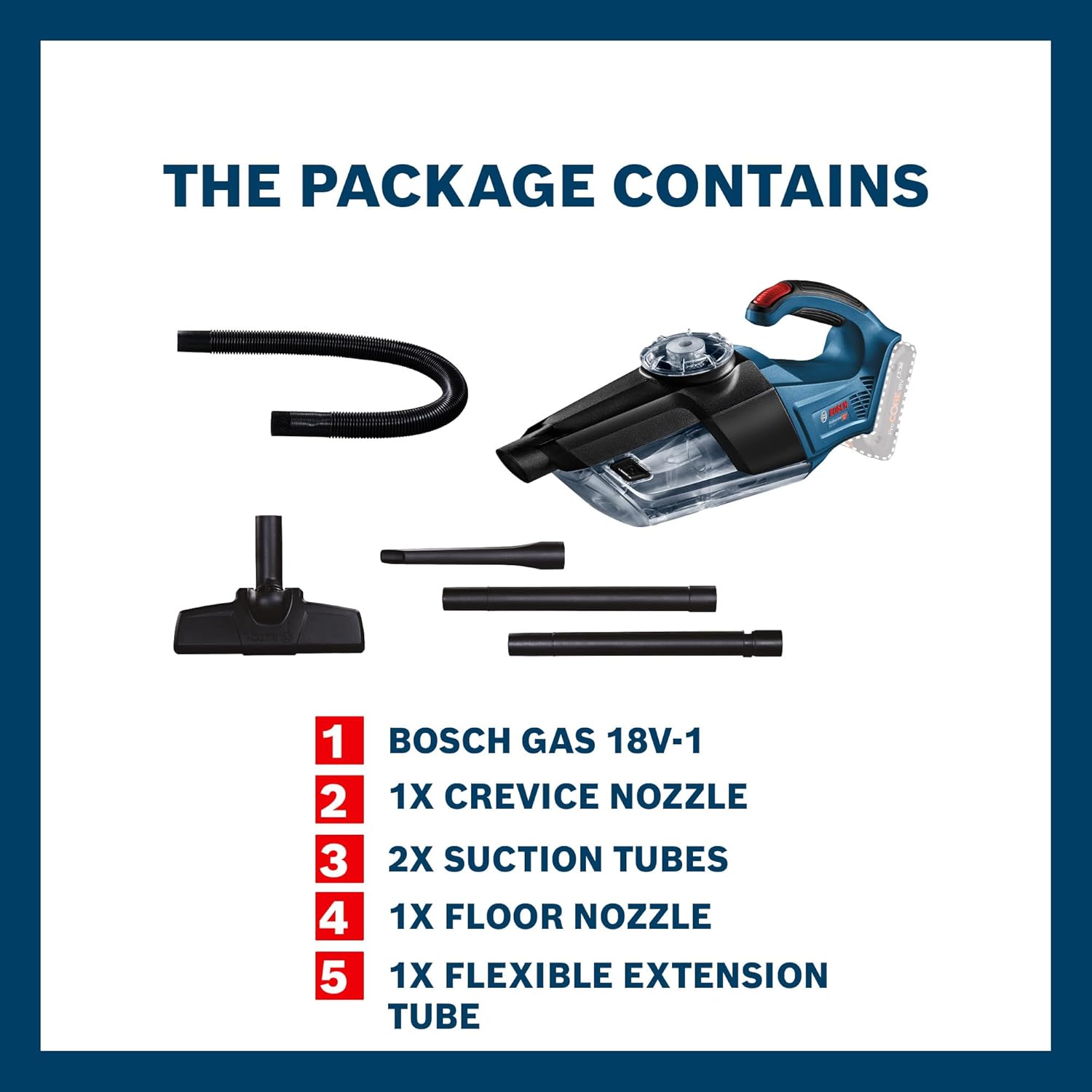 Bosch GAS 18V-1 Heavy Duty Cordless Vacuum Cleaner, 0.7 Litres, 60 mbar, 1.3 kg + Suction & Extension Tubes, Floor & 2 Nozzles, 1 Year Warranty (Solo Tool – 18V Batteries & Charger sold seperately)