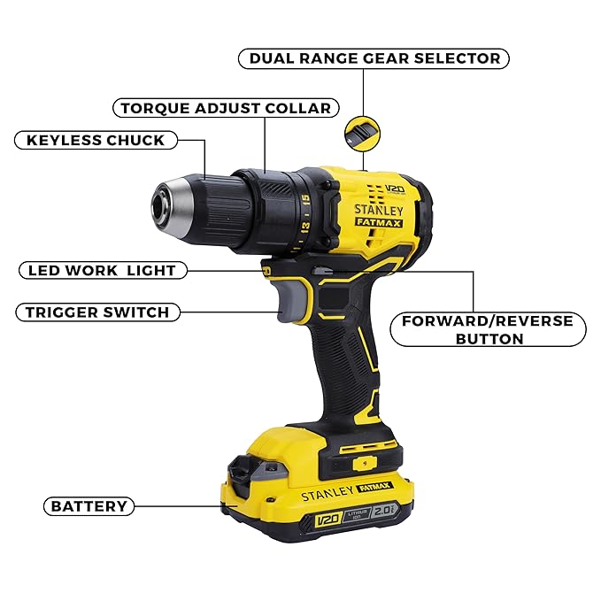 STANLEY FATMAX SBD710D2K 20V 13 mm 1900 RPM Cordless Brushless Drill Machine Driver, 60 Nm Torque, 2.0Ah Li-ion Batteries with Charger, Kit Box, 2 Speed Gearbox, 2 Year Warranty