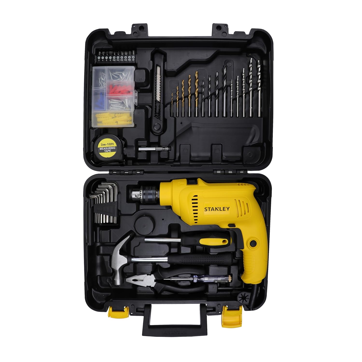 STANLEY SDH550KP-IN 550W 10mm CORDED HAMMER DRILL MACHINE & HAND TOOL KIT for Home, DIY & Professional Use (120-PIECES) – INCLUDES Hammer Drill,Plier,Hammer,Measuring Tape & Drill Bits,1Year WarrantySTANLEY SDH550KP-IN 550W 10mm CORDED HAMMER DRILL MACHINE & HAND TOOL KIT for Home, DIY & Professional Use (120-PIECES) – INCLUDES Hammer Drill,Plier,Hammer,Measuring Tape & Drill Bits,1Year Warranty