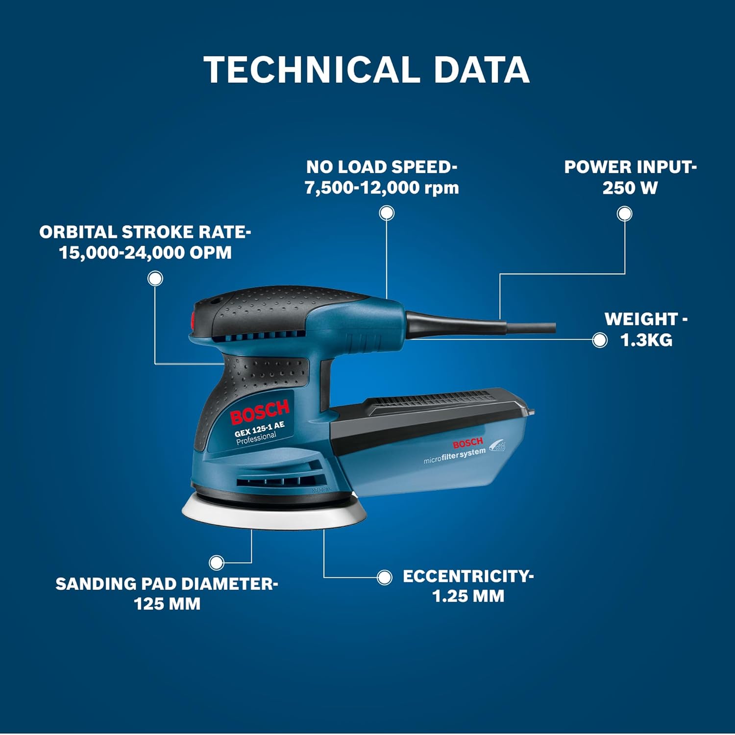 Bosch GEX 125-1 AE Heavy Duty Electric Random Orbit Sander, 250W