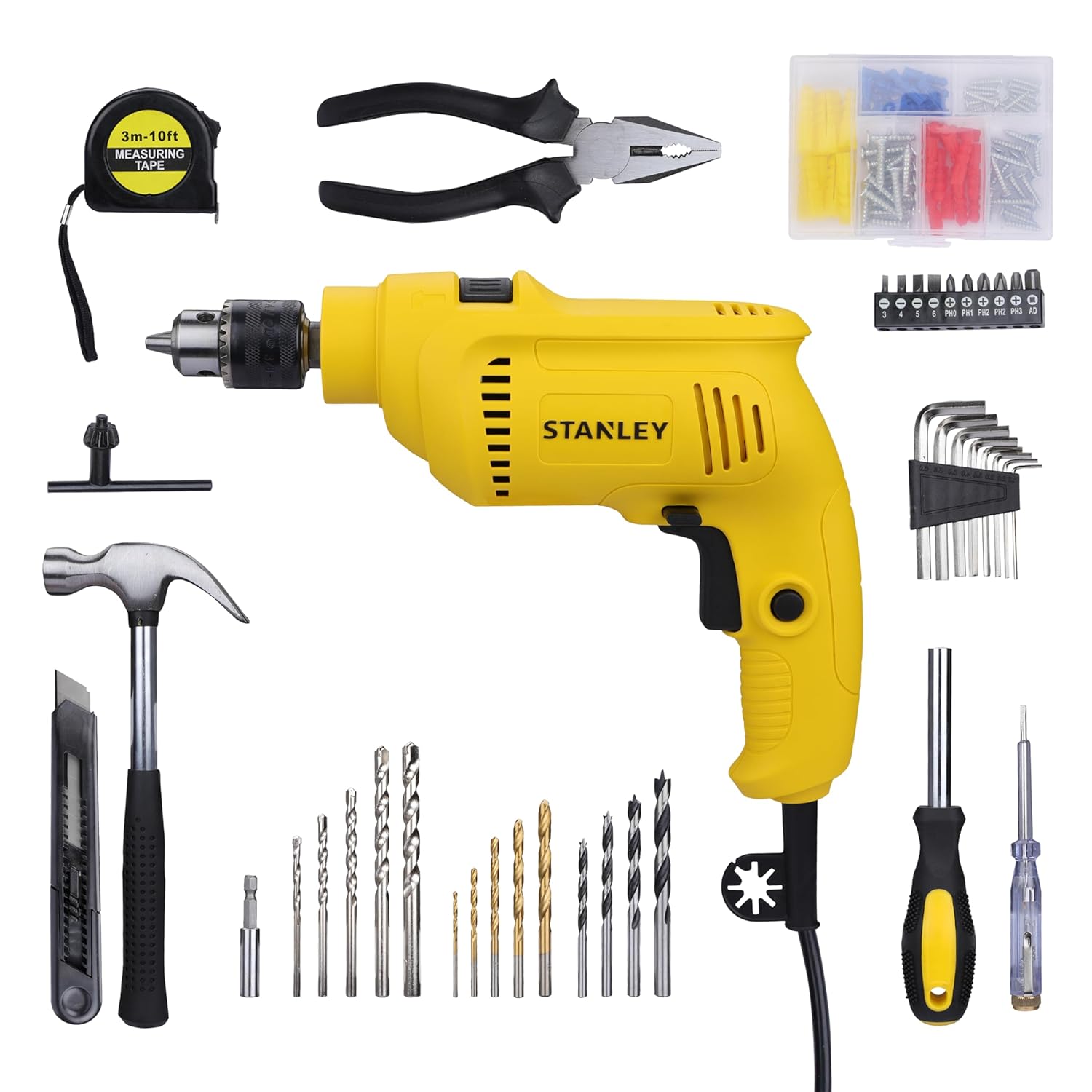 STANLEY SDH550KP-IN 550W 10mm CORDED HAMMER DRILL MACHINE & HAND TOOL KIT for Home, DIY & Professional Use (120-PIECES) – INCLUDES Hammer Drill,Plier,Hammer,Measuring Tape & Drill Bits,1Year WarrantySTANLEY SDH550KP-IN 550W 10mm CORDED HAMMER DRILL MACHINE & HAND TOOL KIT for Home, DIY & Professional Use (120-PIECES) – INCLUDES Hammer Drill,Plier,Hammer,Measuring Tape & Drill Bits,1Year Warranty