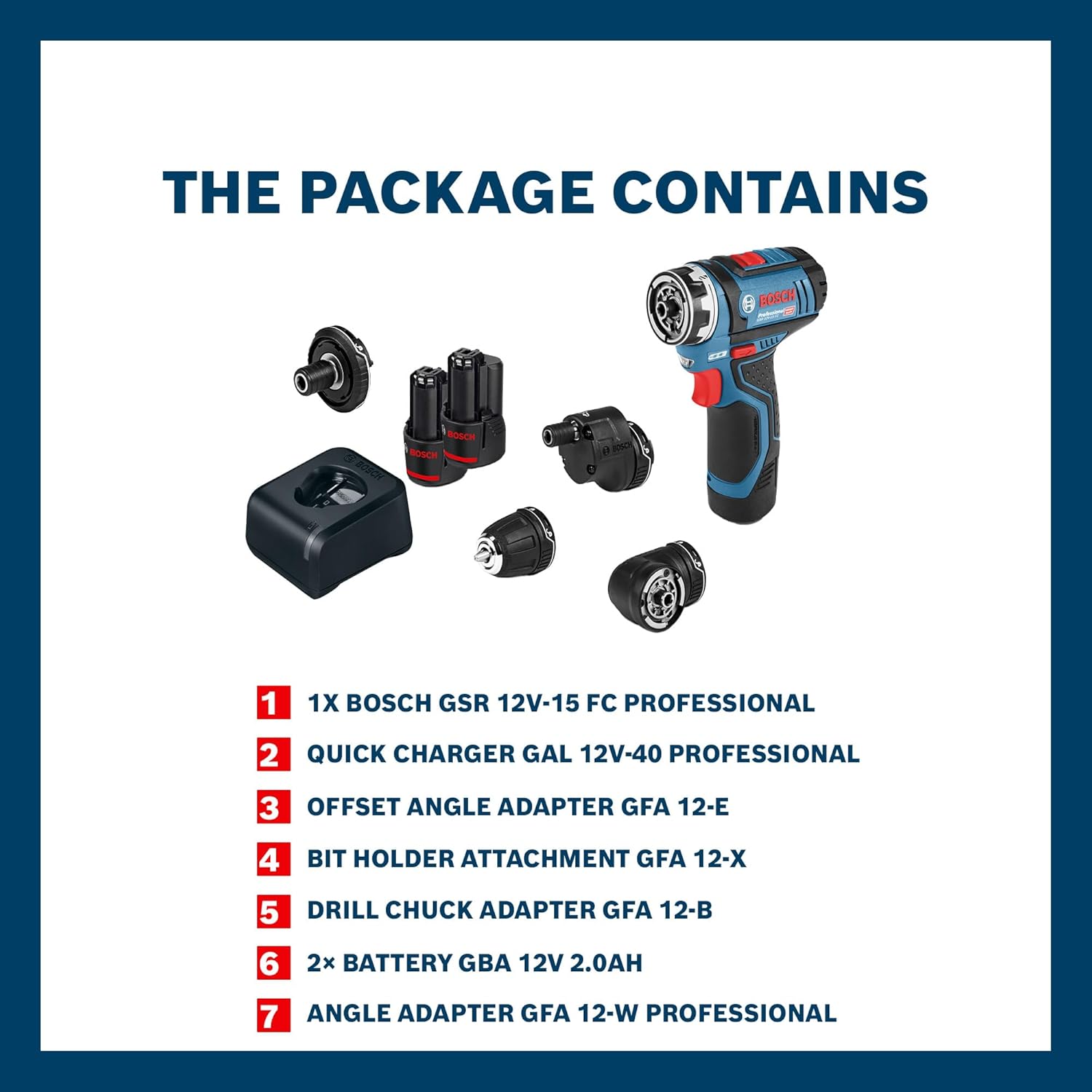Bosch GSR 12V-15 FC Heavy Duty Cordless Drill, 19 mm, 1/4″ Tool Holder, FlexiCLick System, 0.6 kg, + 2 x battery GBA 12V 2.0Ah, Quick charger GAL 12V-40 Professional & Accessories, 1 Year Warranty