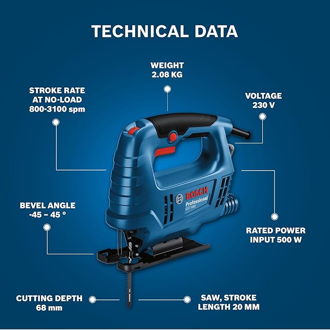 BOSCH GST 680 Corded Electric Jigsaw | 500W Motor | Stroke rate at No Load- 800-3100 spm | Cutting Depth 68mm | Lightweight & Portable