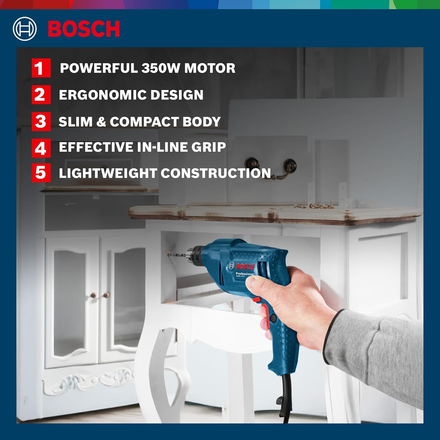 Bosch Gbm 350 Professional Rotary Drill , Wood & Metal Work (350 Watt Blue),Corded Electric, 1 Pack