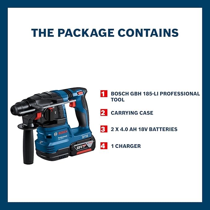 BOSCH GBH 185 Li Cordless 4.0Ah 18V Rotary Hammer with SDS Plus, 720-Watt Motor | Impact rate-0-4675 Bpm | Brushless Motor & Electronic Motor Protection | No Load Speed of 0-1050 rpm| 1 Yr Warranty