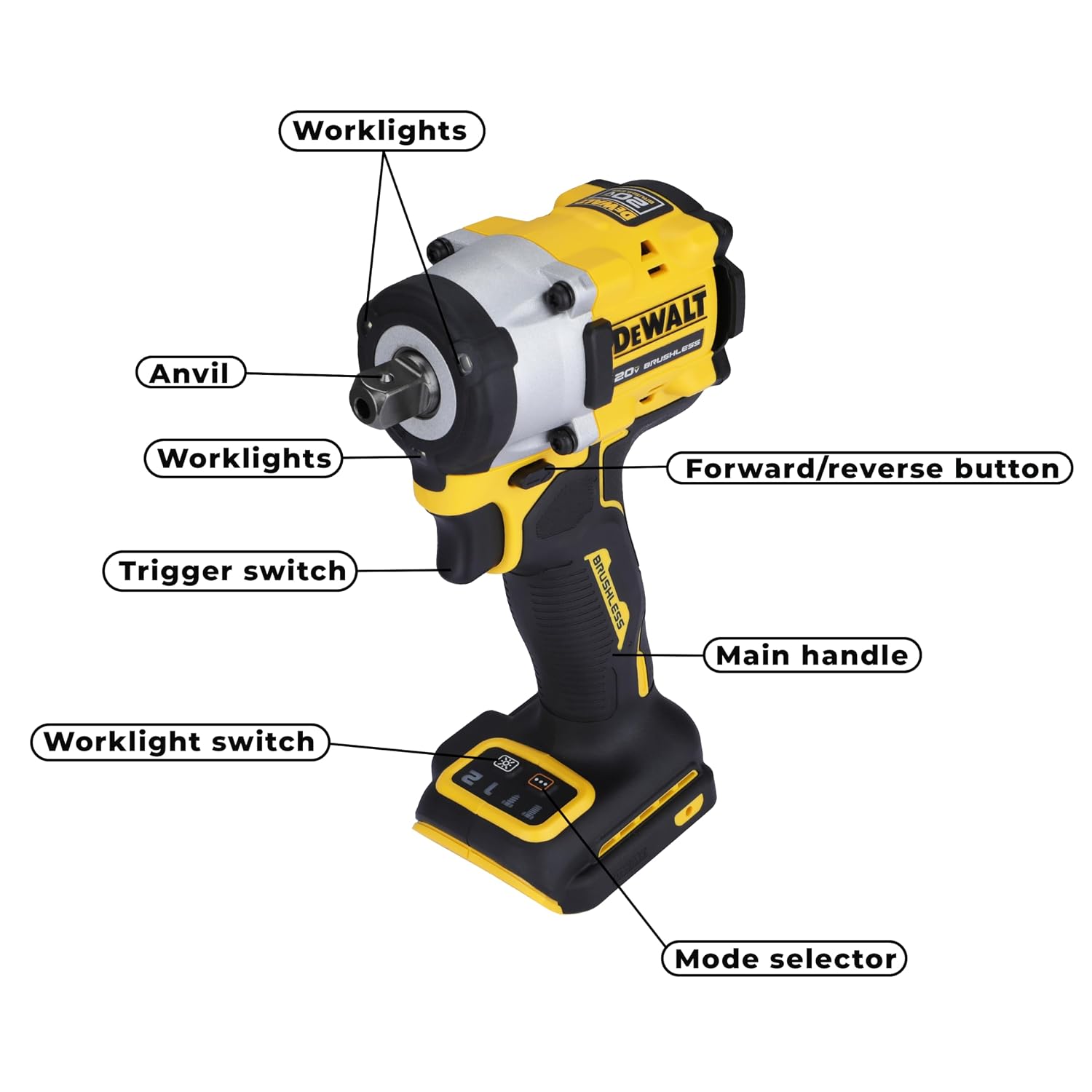 DEWALT DCF922N-B1 12” 20V Max Li-ion Reversible Cordless Brushless Compact Impact Wrench,610 Nm Torque with LED Ring Lighting
