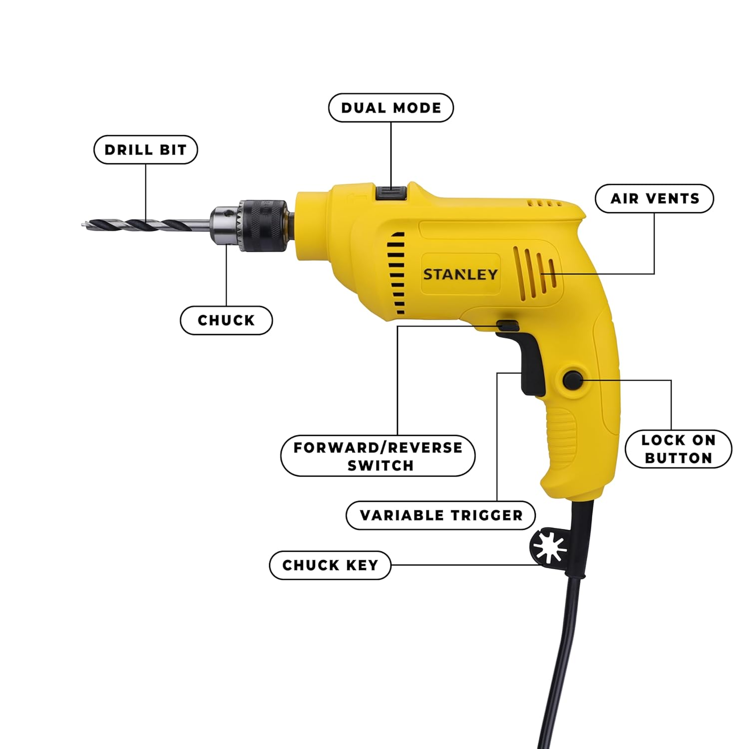 STANLEY SDH550KM-IN 550W 10mm Corded Single Speed Hammer Drill Machine with Mechanical Hand Toolkit (120-Pieces) – Includes Hammer Drill, Measuring Tape, Hammer, 1 Year Warranty