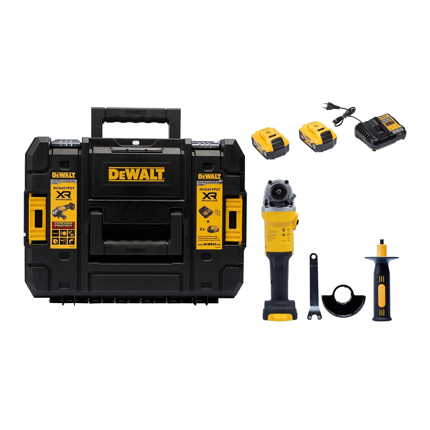 DEWALT DCG407P2T-B1 18V(20V MAX) 100mm (4″) Cordless Brushless Slide Angle Grinder Kit with (2) 5.0 Ah Li-ion Batteries & 1 Charger, 9000 RPM No Load Speed, SIDE HANDLE INCLUDED