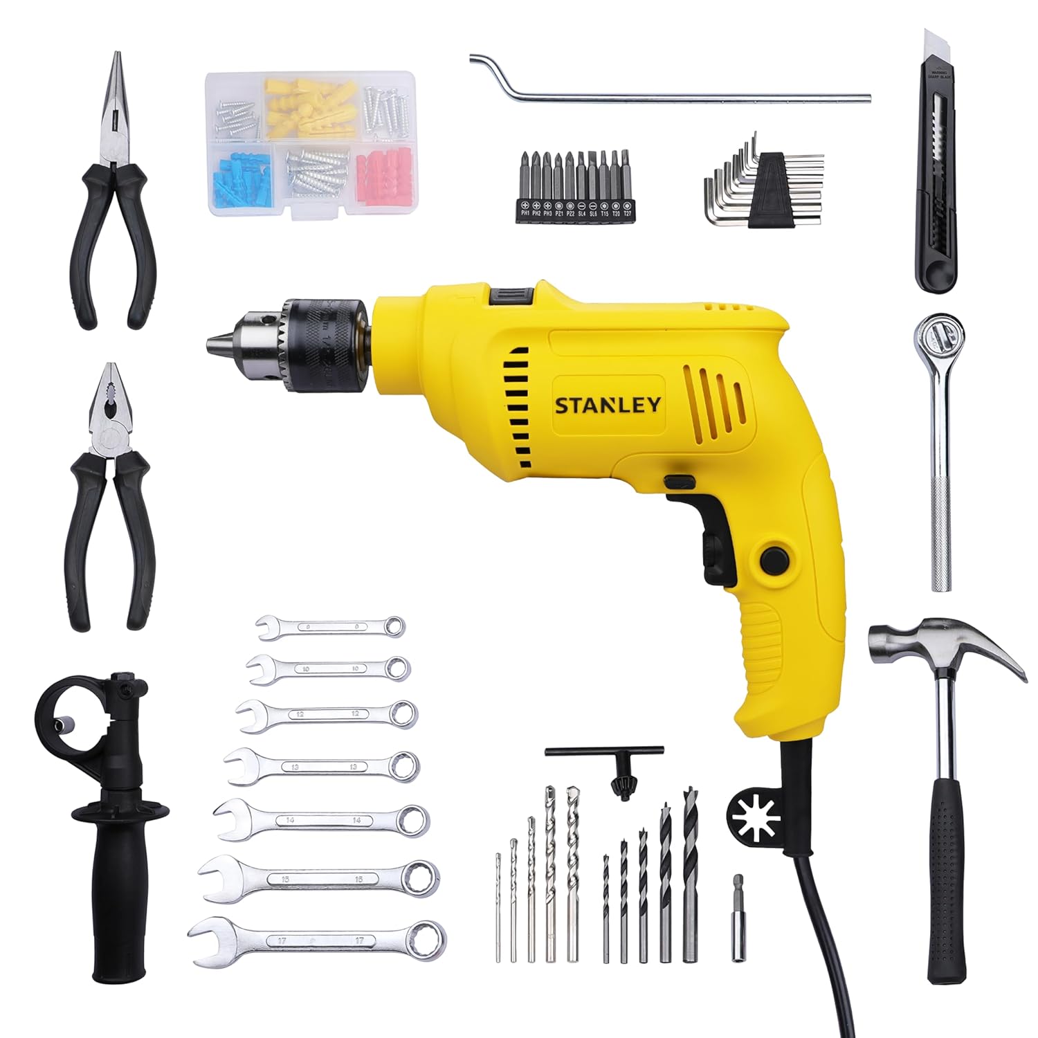 STANLEY SDH600KM-IN 600W 13mm Drill Machine with Mechanical Toolkit for Home, DIY & Professional Use (120-Pieces) – Includes Hammer Drill, Hammer & Measurement Tape, 1 Year Warranty