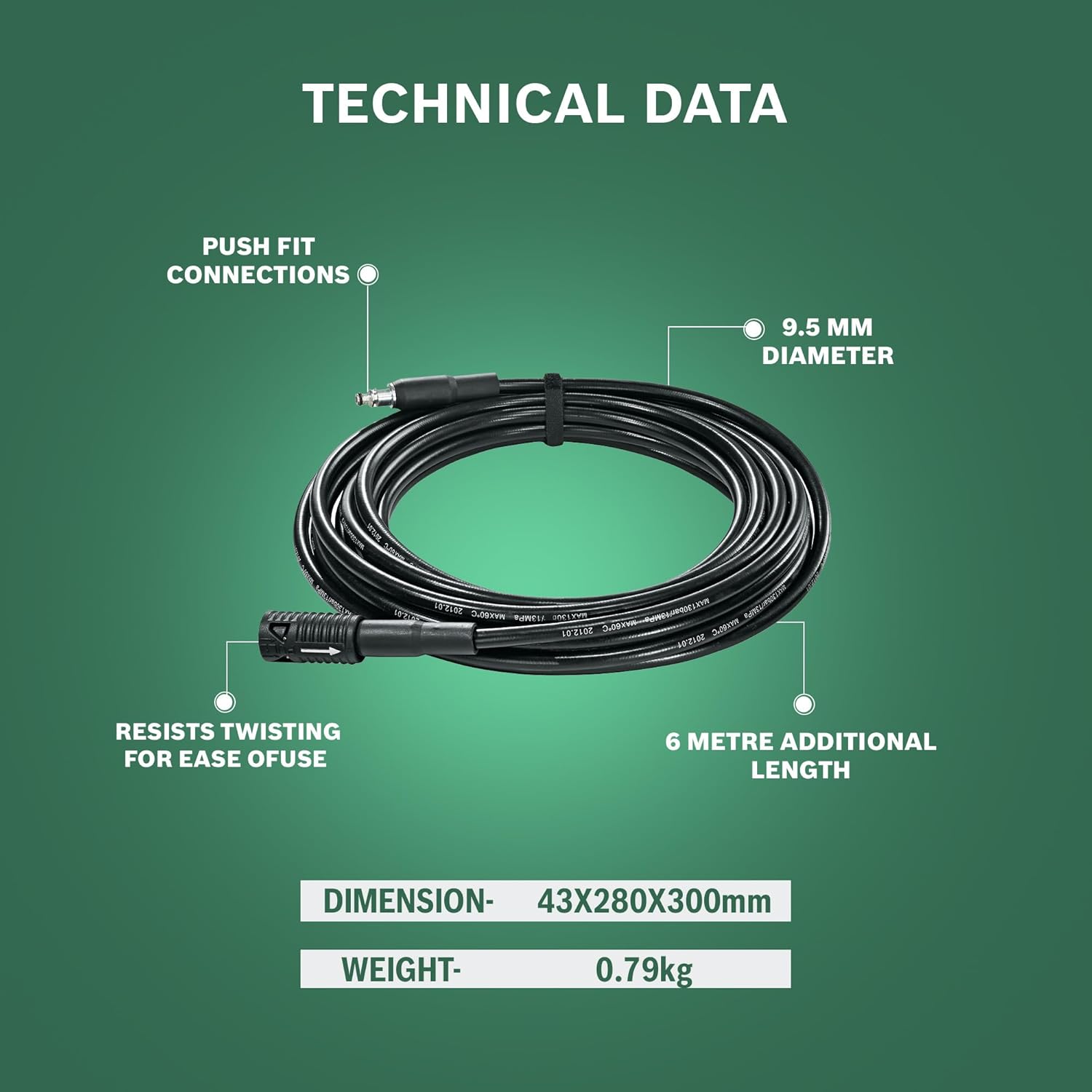 BOSCH High- Pressure Extension Hose Pipe 6m, Max Pressure 160 Bar, 1 x 6m & 9.5 mm diameter, Accessory for Aquatak pressure washers, Push-fit Connections, Easy Attachment | 0.47kg