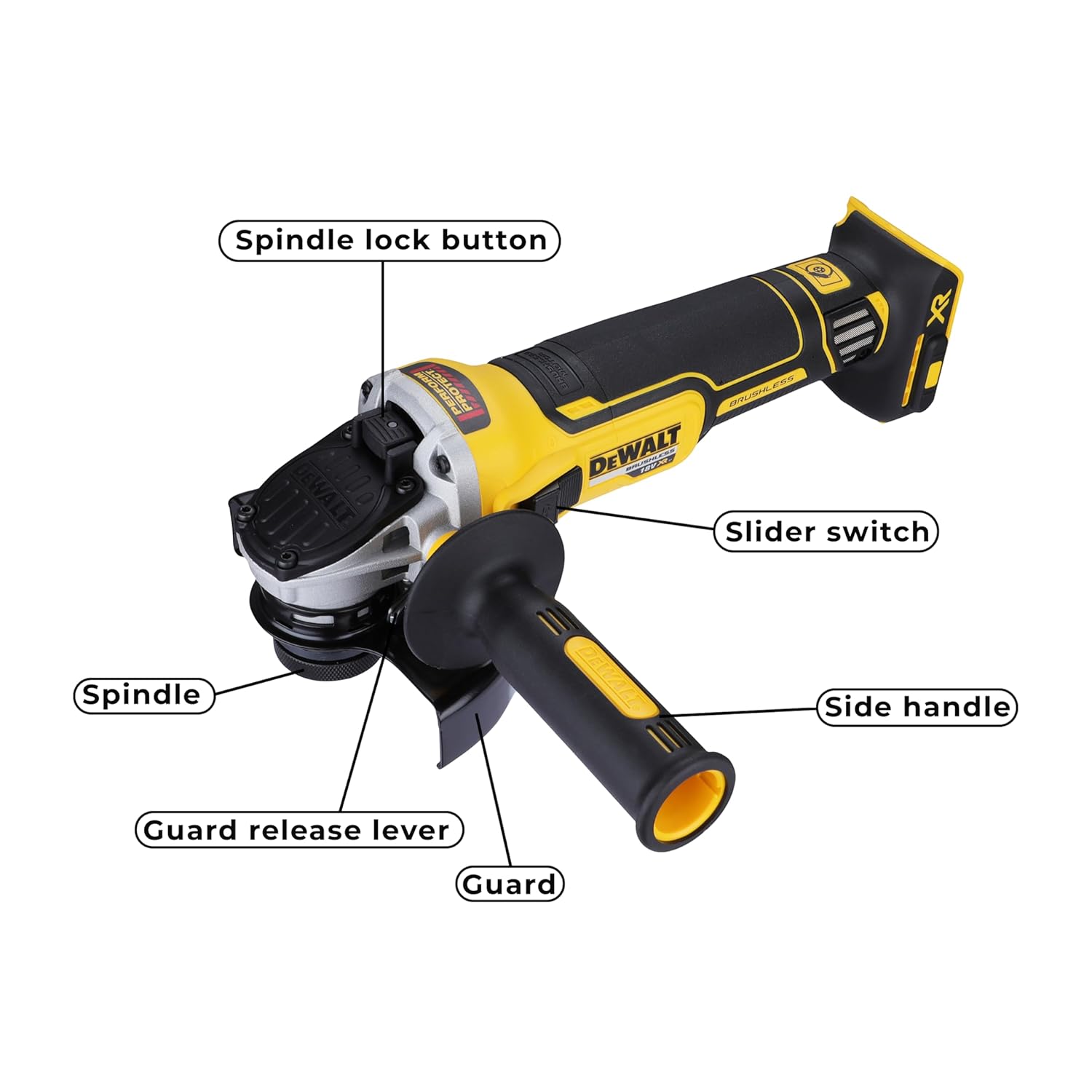 DEWALT DCG405N-XJ 18V 125mm XR Li-ion Cordless Angle Grinder with Brushless Motor – Perform and Protect Shield (Bare Tool)