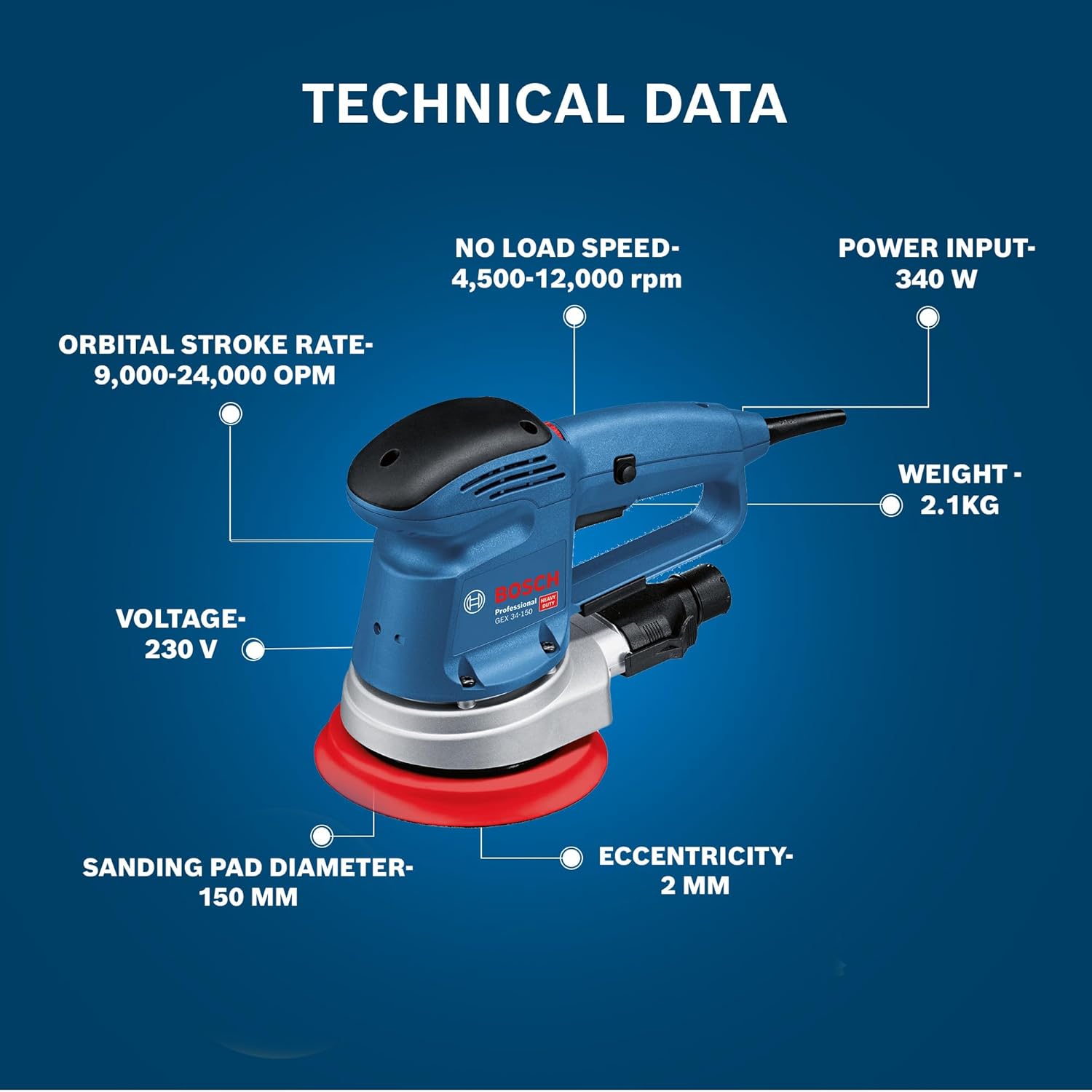 BOSCH GEX 34-150 Professional Random Orbit Sander 340 W High Removal Rate 150 mm Sanding Disc, Multi-hole packing pad, Speed Selection with No-load Speed 4,500–12,000 RPM, 1 Yr Warranty