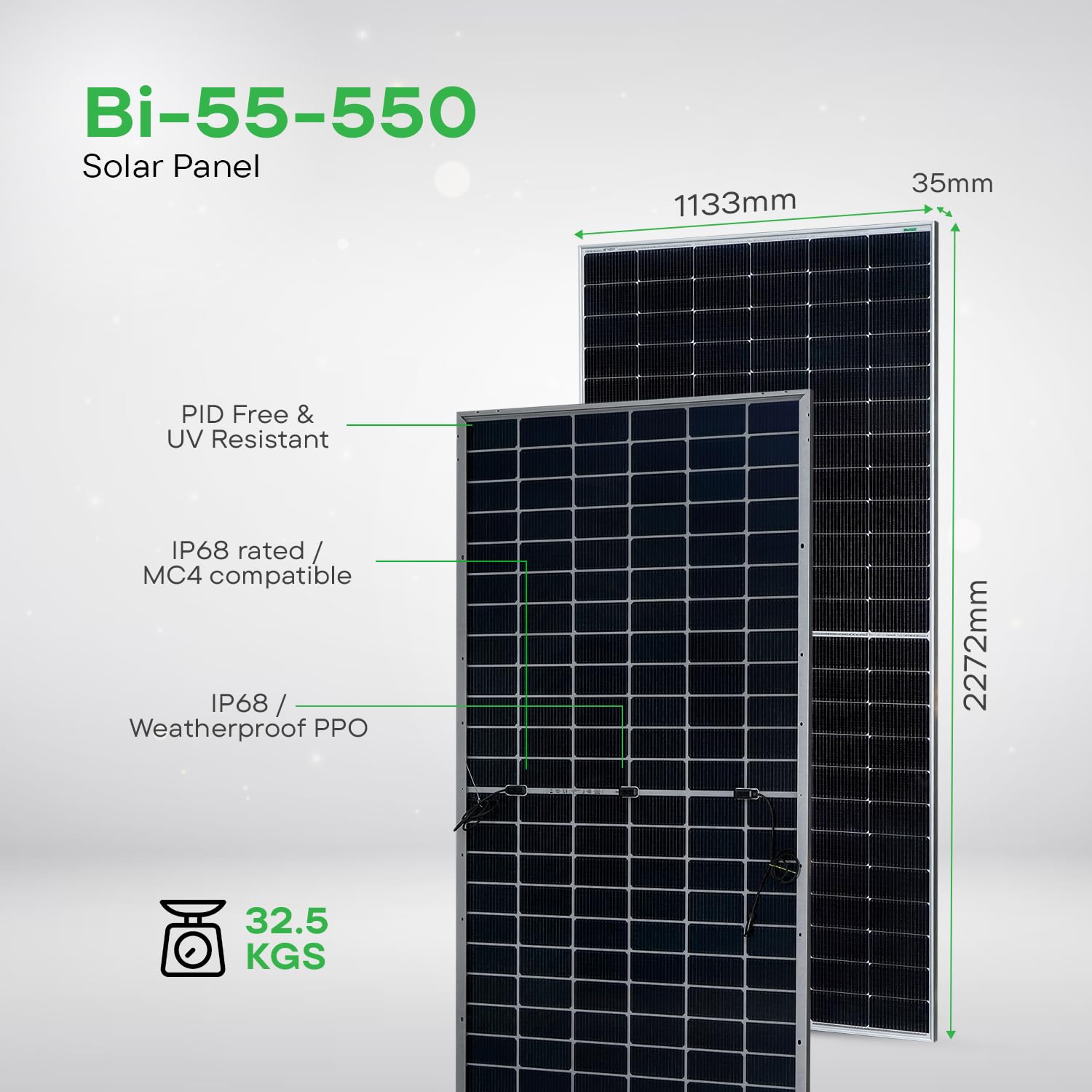 Waaree 550Wp 144Cells 44 Volts Framed Dual Glass Mono PERC Bifacial Solar Module