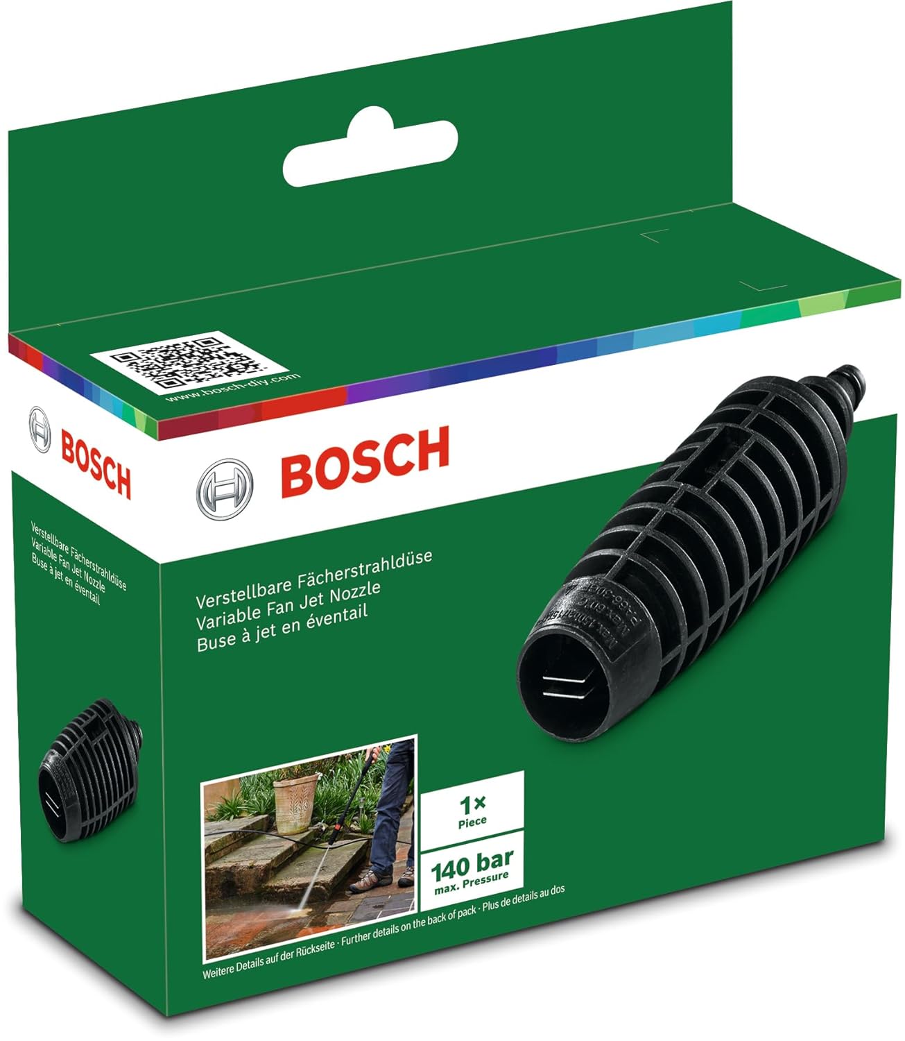 BOSCH Variable Fan Jet Nozzle, Max Pressure- 140 Bar, Easily Connect to Lance, For Tough Dirt Removal and General Cleaning, Accessory for Aquatak pressure washers, Twist to Change Jet, 0.07 Kg