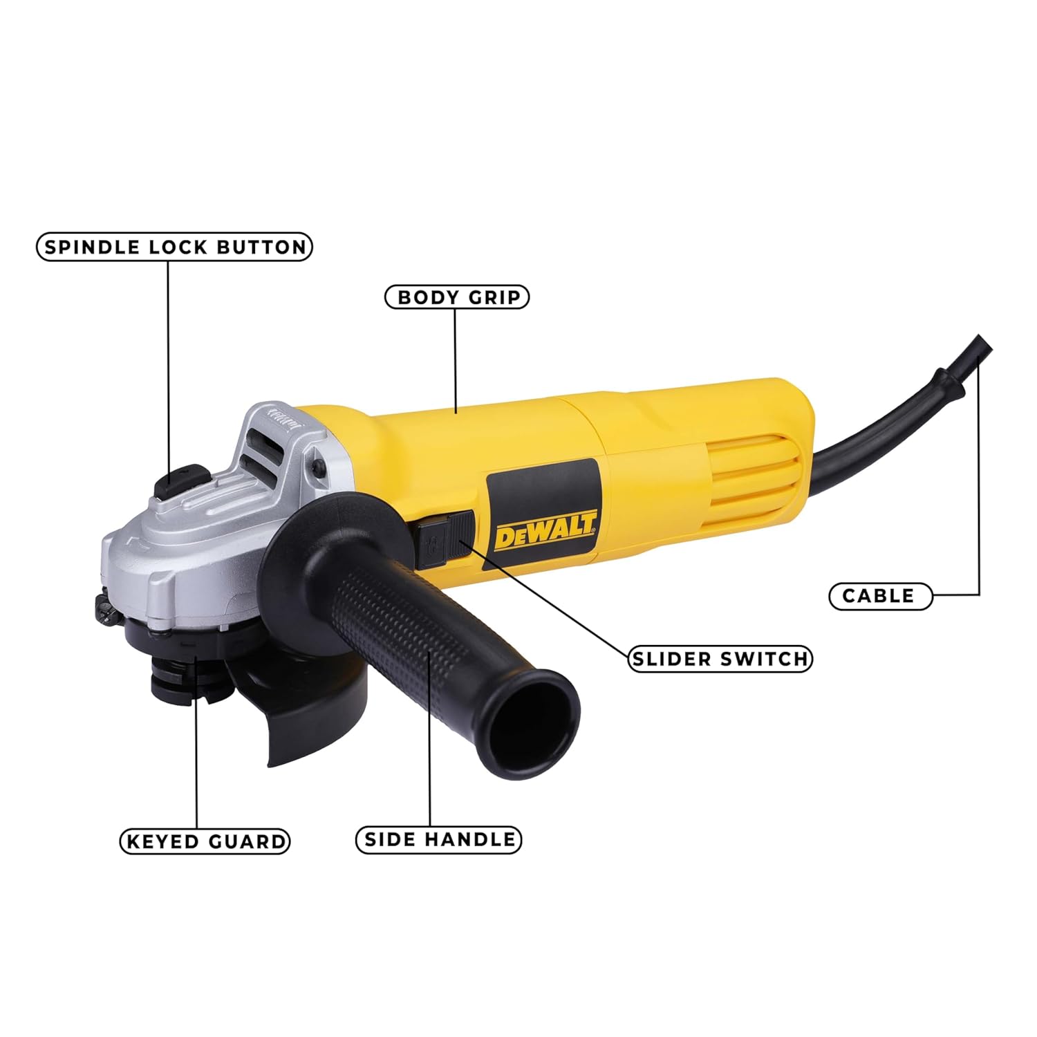 DEWALT DW802-IN, 850W, 4” (100mm) Heavy Duty Angle Grinder Engineered For Heavy Duty Applications with Spindle Lock and Slide switch, 2 Year Warranty
