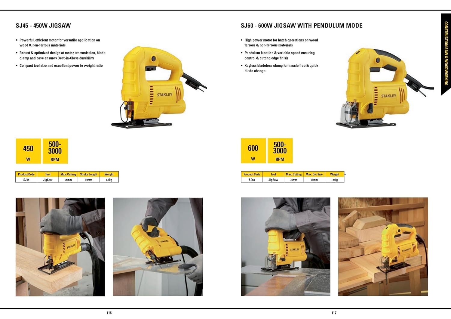STANLEY SJ45 450W Variable Speed JigSaw for cutting woodsheetmetal and plastic with 6 position speed dial