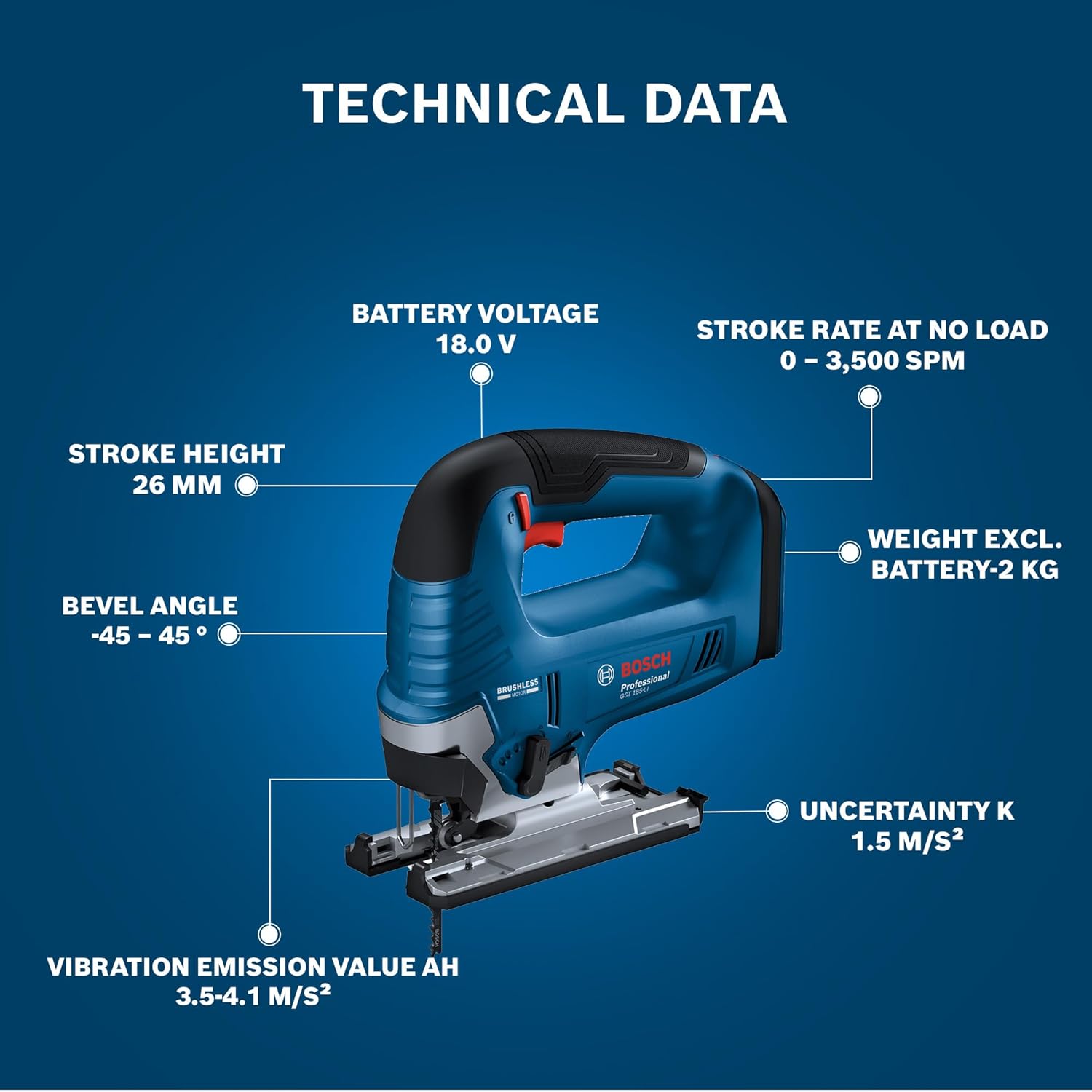 Bosch GST 185-Li Professional Cordless Jigsaw, 18V, 125 mm Cutting Depth, Dust Extraction, 2 kg + Carrying case, 1 x jigsaw blade (Solo Tool – 18V Batteries & Charger sold seperately)
