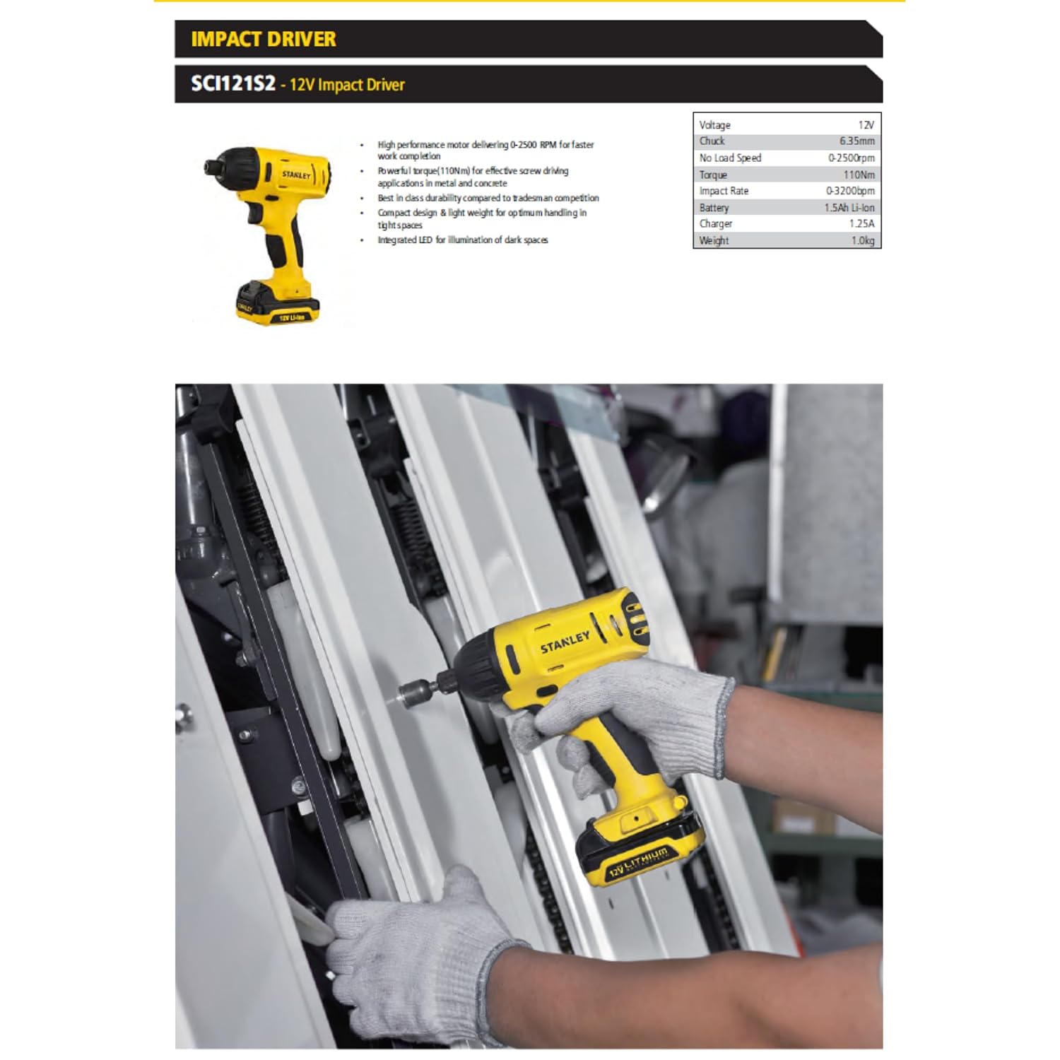 STANLEY SCI121S2-B1 12V, 6.35mm Chuck Reversible Cordless Impact Drill Driver- 2×1.5Ah Li-Ion Battery & 1.25A Charger Included, 2500RPM No Load Speed, 3500BPM Impact Rate, 110Nm Torque, Integrated LED