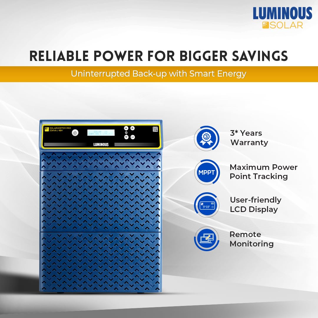 Luminous Single Phase Off-Grid Pure Sine Wave Solar Inverter, Smart Solar Optimization, Remote Monitoring, Supports up to 3500Wp Panels, LCD Display