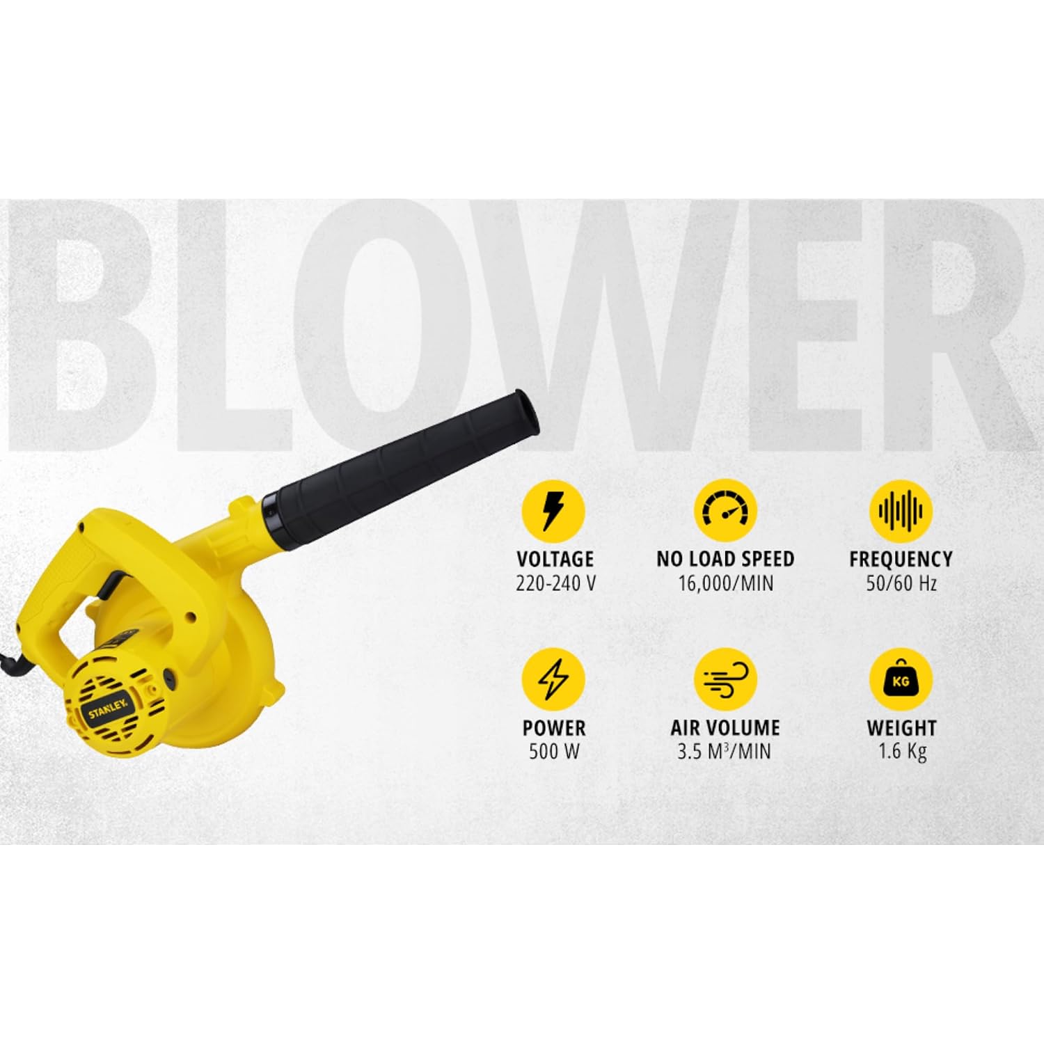 STANLEY SPT500-IN 500W Single Speed CORDED Air Blower for Clearing Away Dust Particles from Furniture, Cars, Windows & Other Rigid Surfaces, 16000 RPM,3500 lmin Airflow, 1Year Warranty