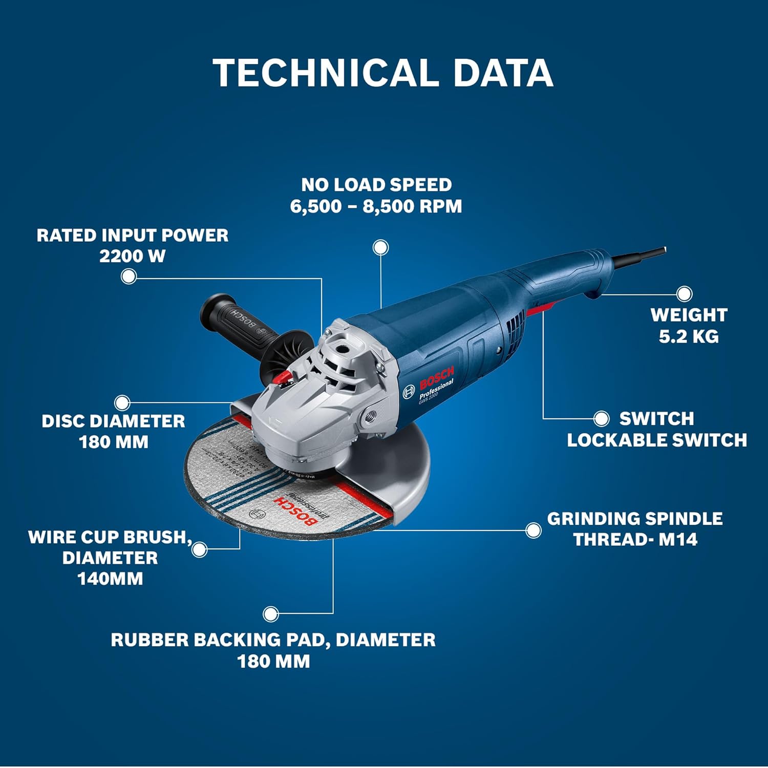 Bosch GWS 2200 Corded Electric Angle Grinder, M14, disc diameter 180 mm, 2,200W, 8,500 rpm, M14 for Metal & Construction, 5 kg