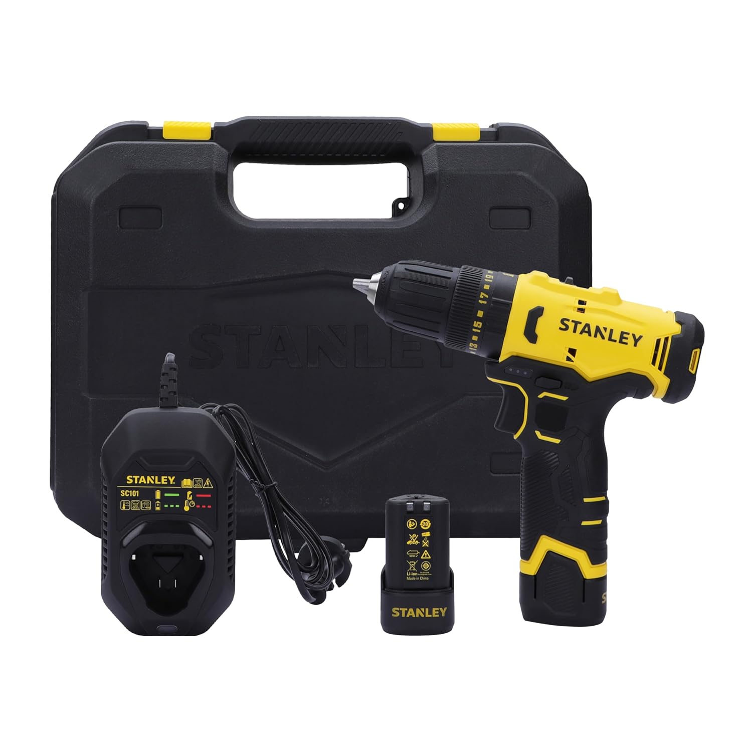STANLEY SCD10D2K-IN(12 V) Brushed Cordless Drill Driver, 2x2Ah Batteries & 1.5A Charger, LED light, Variable Speed Trigger Switch, ForwardReverse Button,10mm Chuck,Clutch Setting 20+3,1 Year Warranty