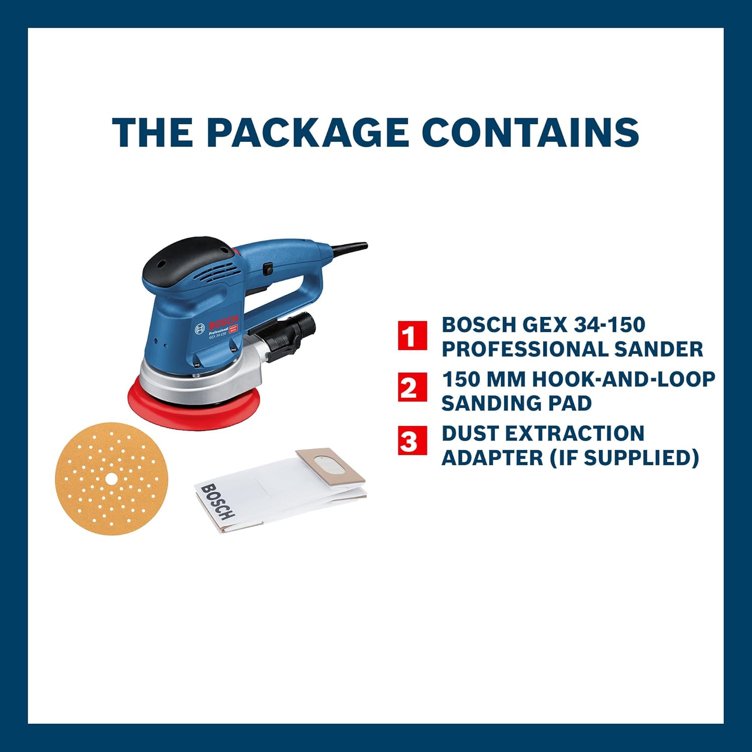 BOSCH GEX 34-150 Professional Random Orbit Sander 340 W High Removal Rate 150 mm Sanding Disc, Multi-hole packing pad, Speed Selection with No-load Speed 4,500–12,000 RPM, 1 Yr Warranty
