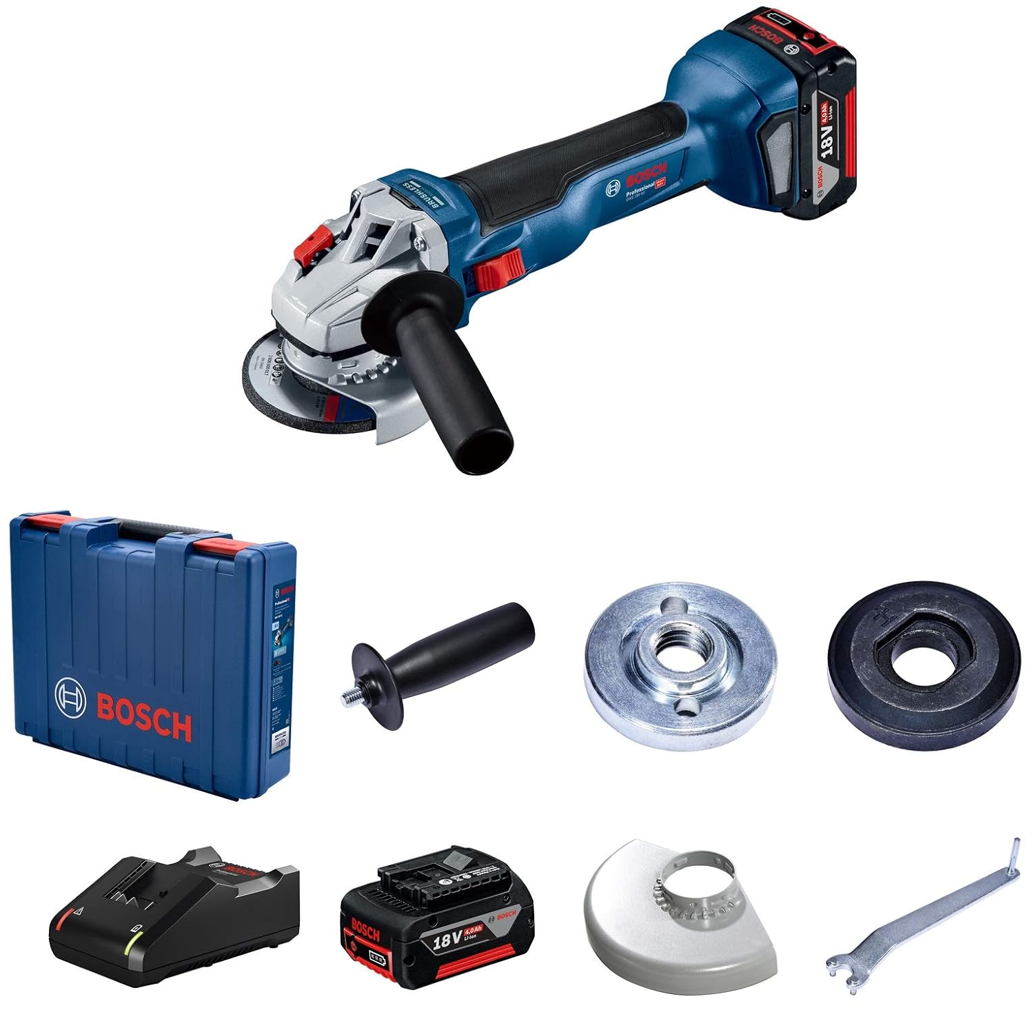Bosch GWS 18V-10 Heavy Duty Cordless Angle Grinder, Brushless Motor, KickBack Control, 125 mm, M14, 9,000 rpm, 2.1 kg + 2 x battery GBA 18V 5.0Ah, Charger GAL 18V-40 & Accessories, 1 Year Warranty