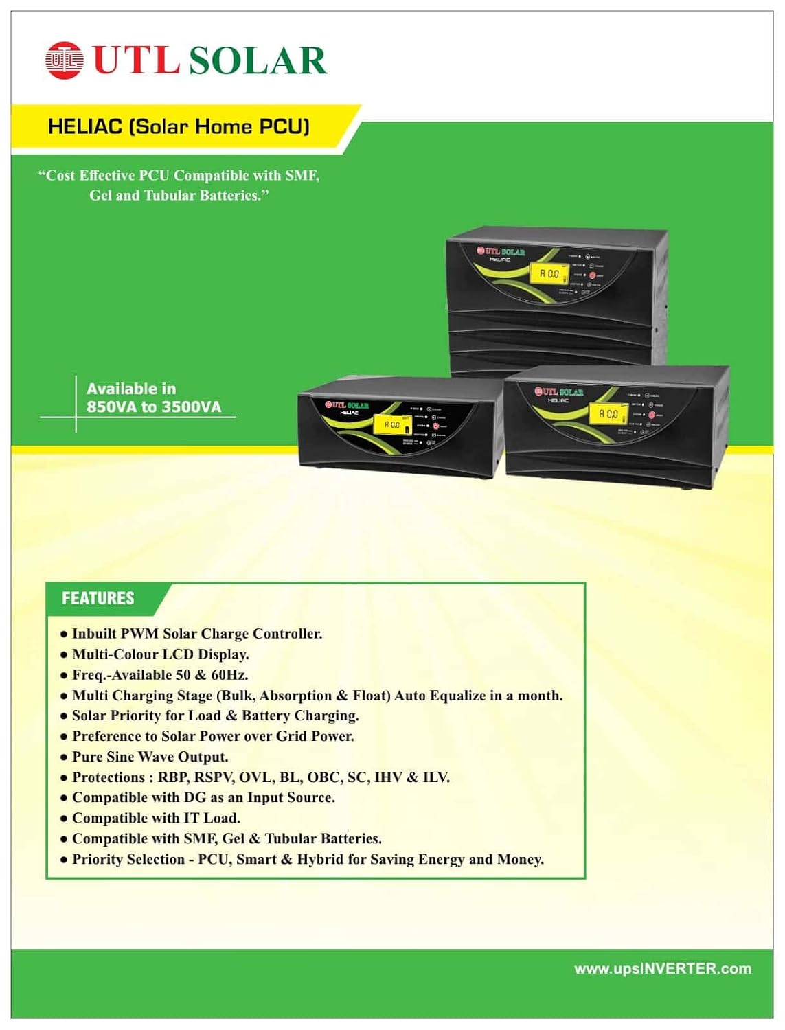 UTL Heliac-105050A, 850VA12V PWM Pure Sine Wave Solar Inverter with LCD Display