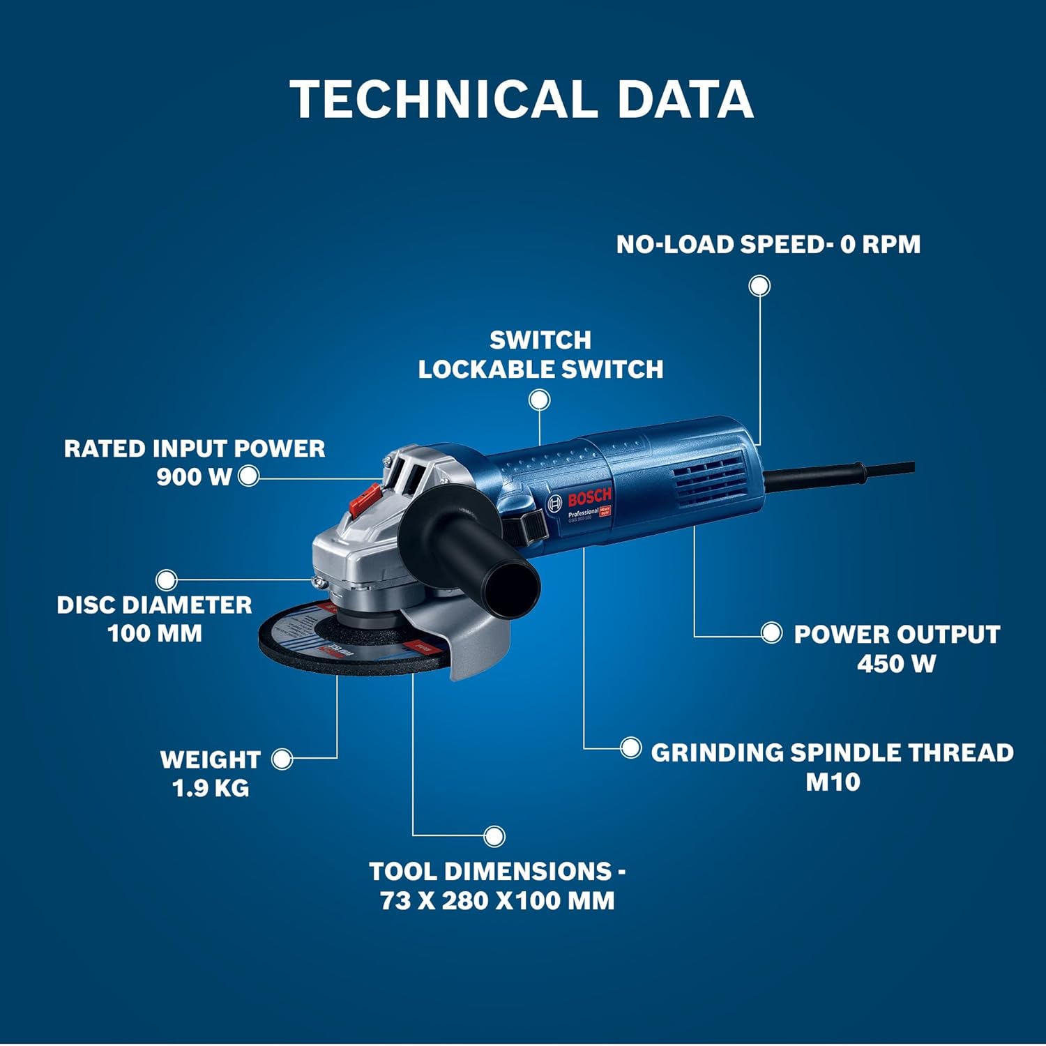 Bosch GWS 900-100 Angle Grinder with 900W Motor, 100mm Disc, M10 Thread, 2-Way Switch & Restart Protection for Heavy Duty Use, Includes Wrench & Box