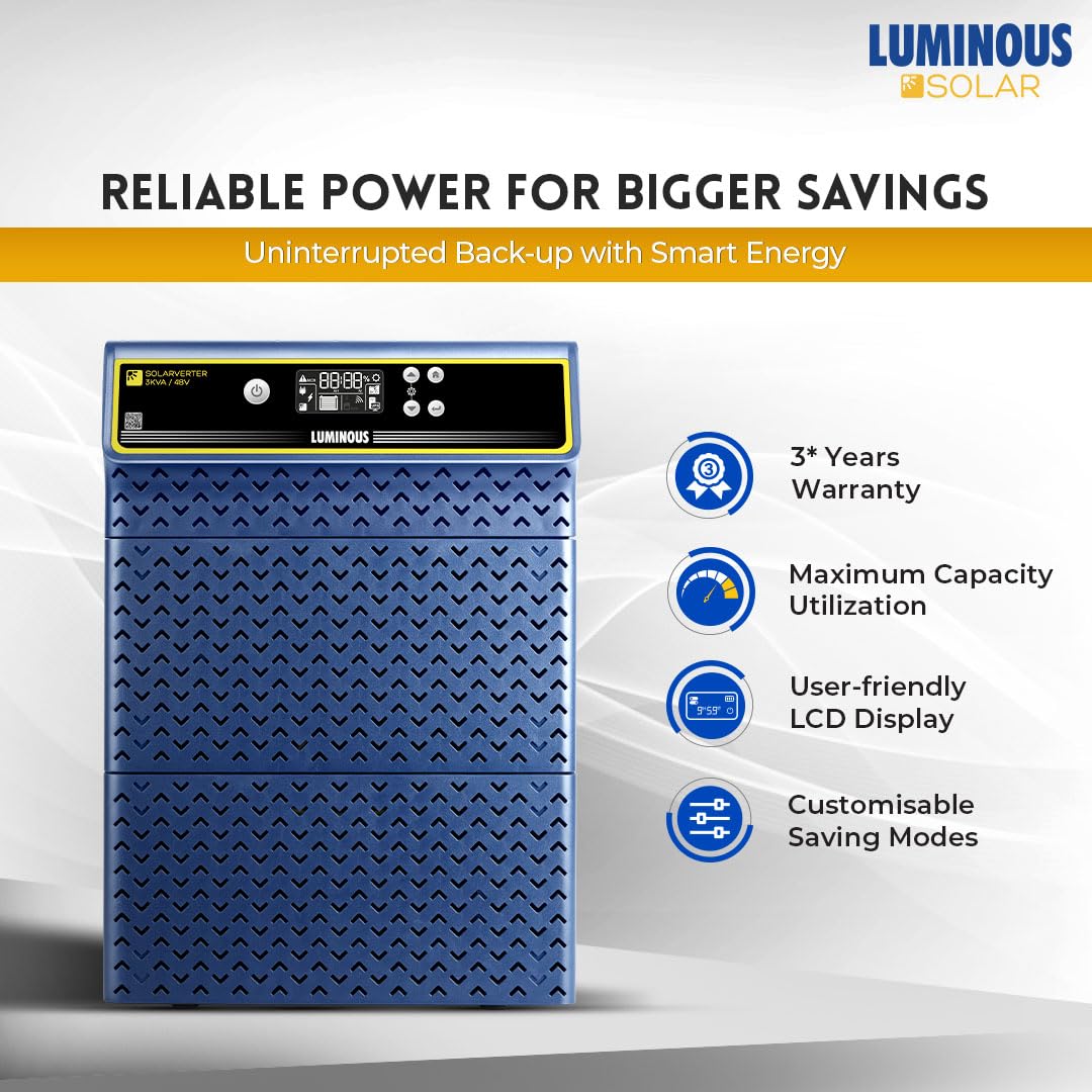 Luminous Single Phase Off-Grid Pure Sine Wave Solar Inverter, Smart Solar Optimization, Customized Saving Modes, Supports up to 3000Wp Panels, LCD Display