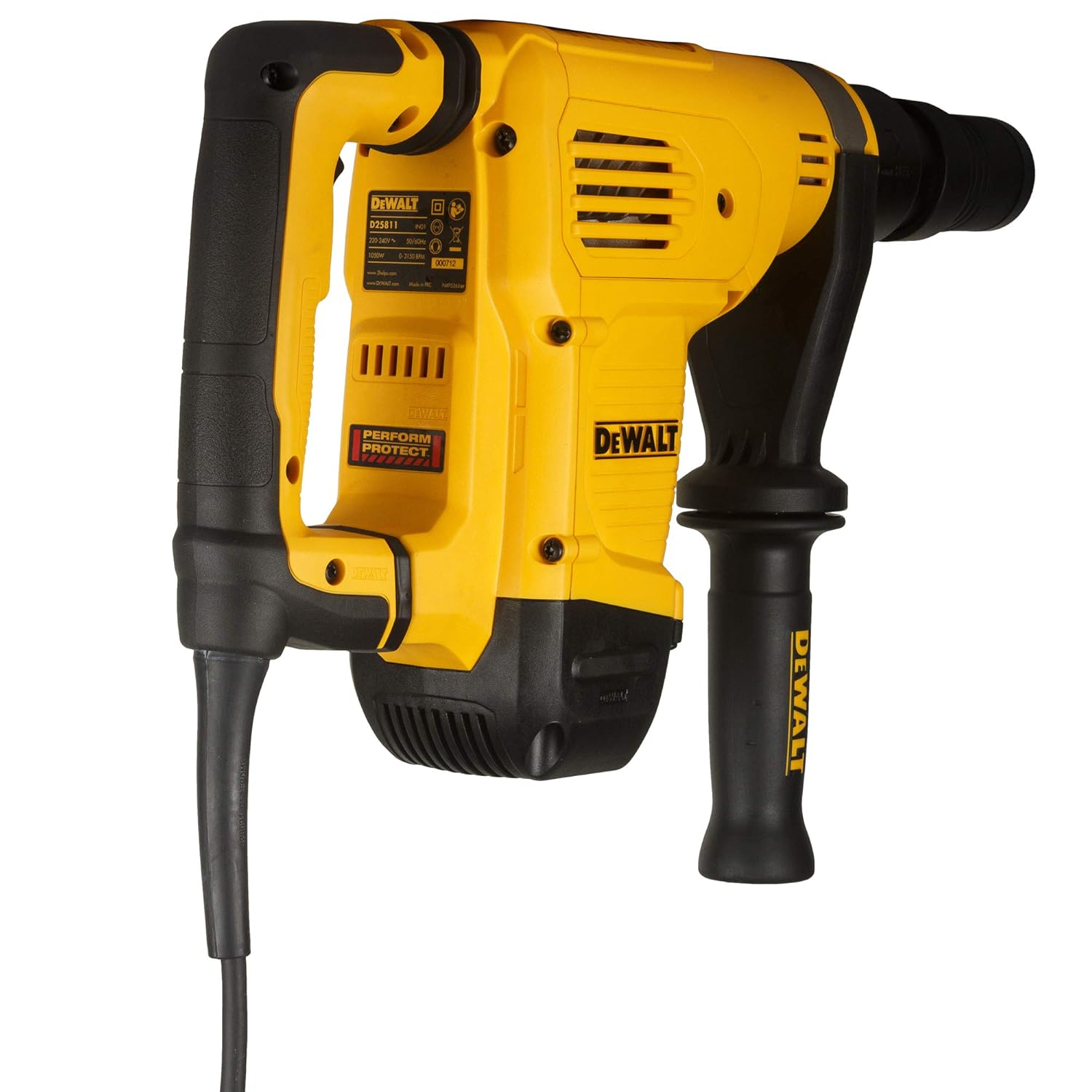 DEWALT D25811K-IN 1100Watt 5Kg 17mm Hex Chipping Hammer with Active Vibration Control-Perform and Protect Shield