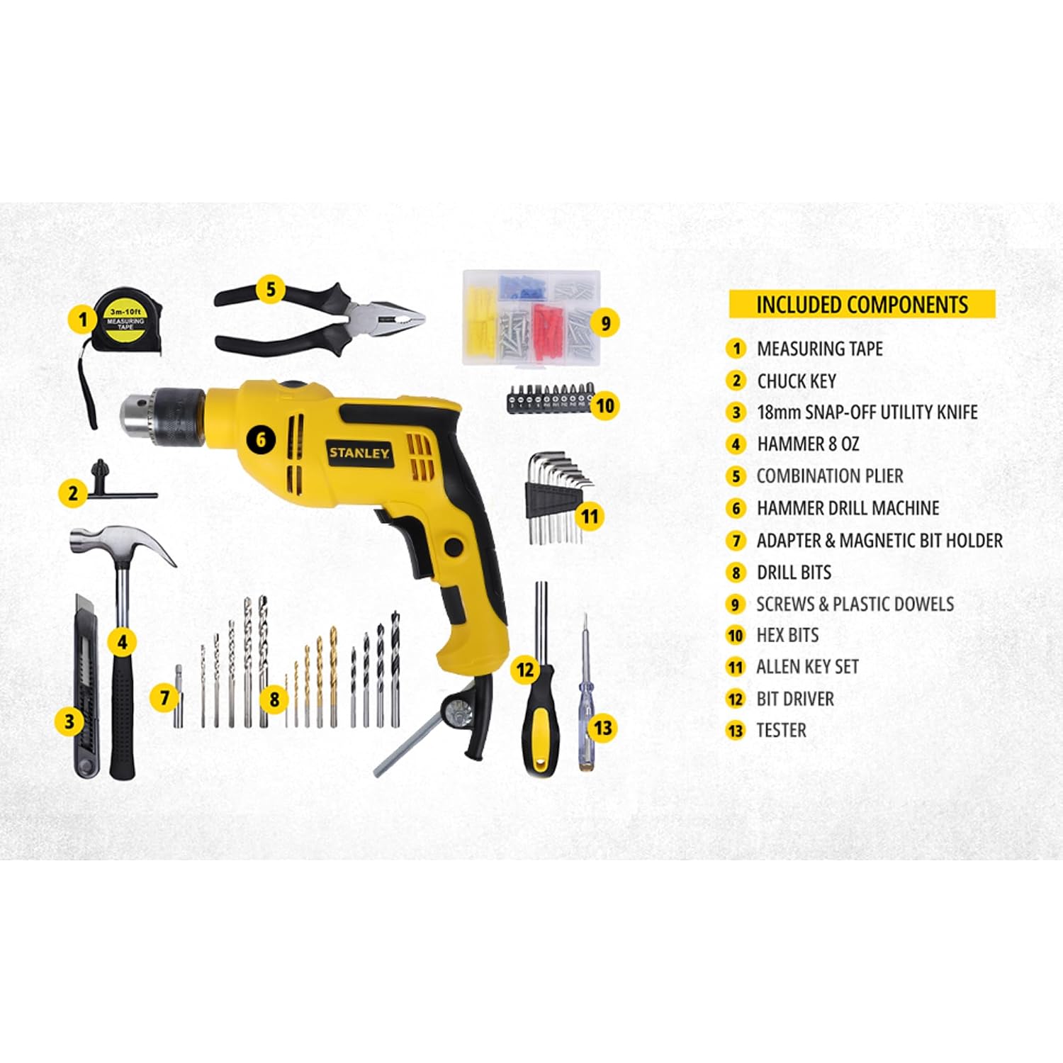 STANLEY SDH550KPA-IN 550W 13mm CORDED HAMMER DRILL MACHINE & HAND TOOL KIT for Home, DIY & Professional Use (120-PIECES) – INCLUDES Hammer Drill,Plier,Hammer,Measuring Tape & Drill Bits,1YearWarranty