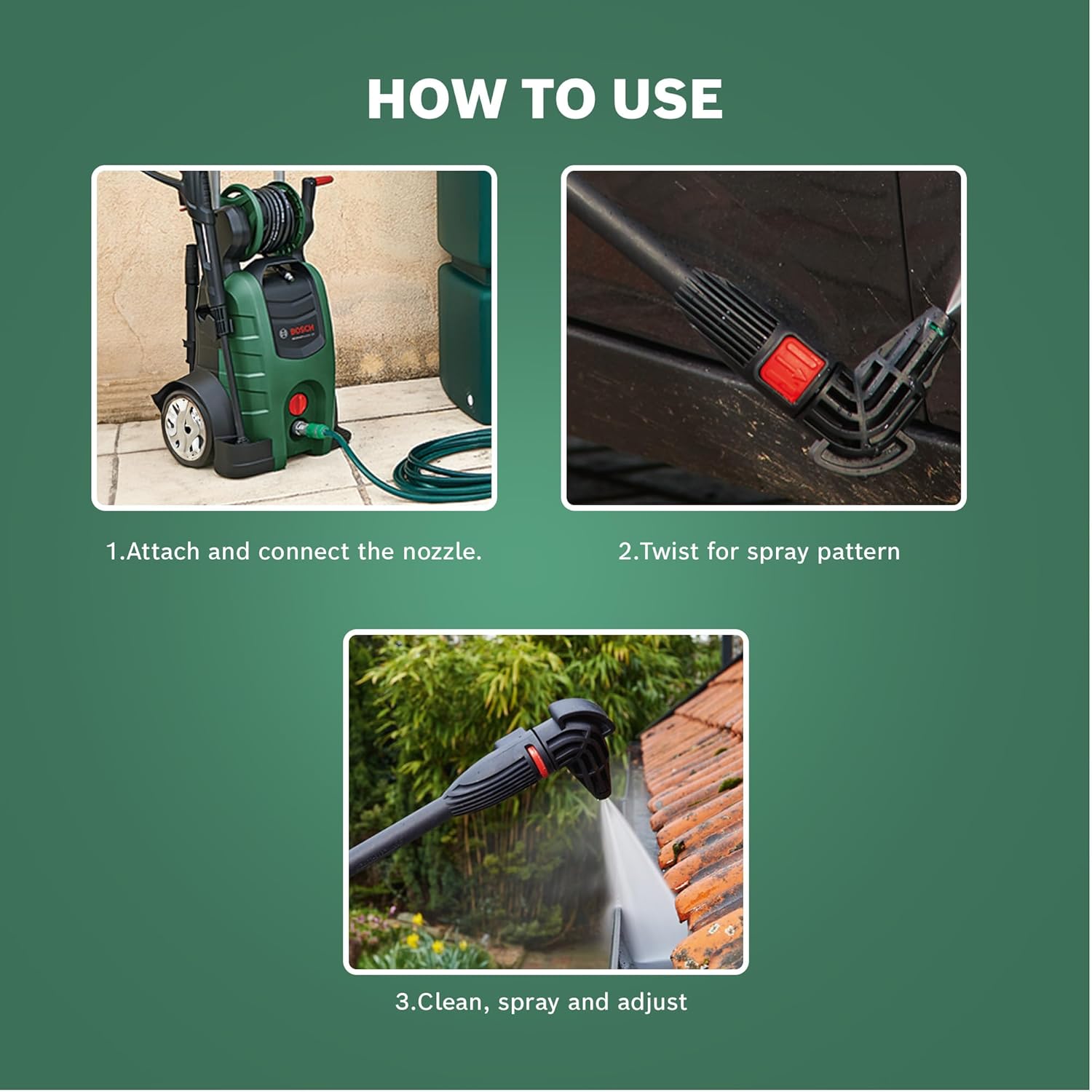 BOSCH Home and Car Cleaning Kit, All-Round Cleaning Kit for Patio and Car, Wash Brush, 90° Nozzle, Patio Cleaner, Reaches Hard-to-Reach Areas, Accessories for Aquatak Pressure washers