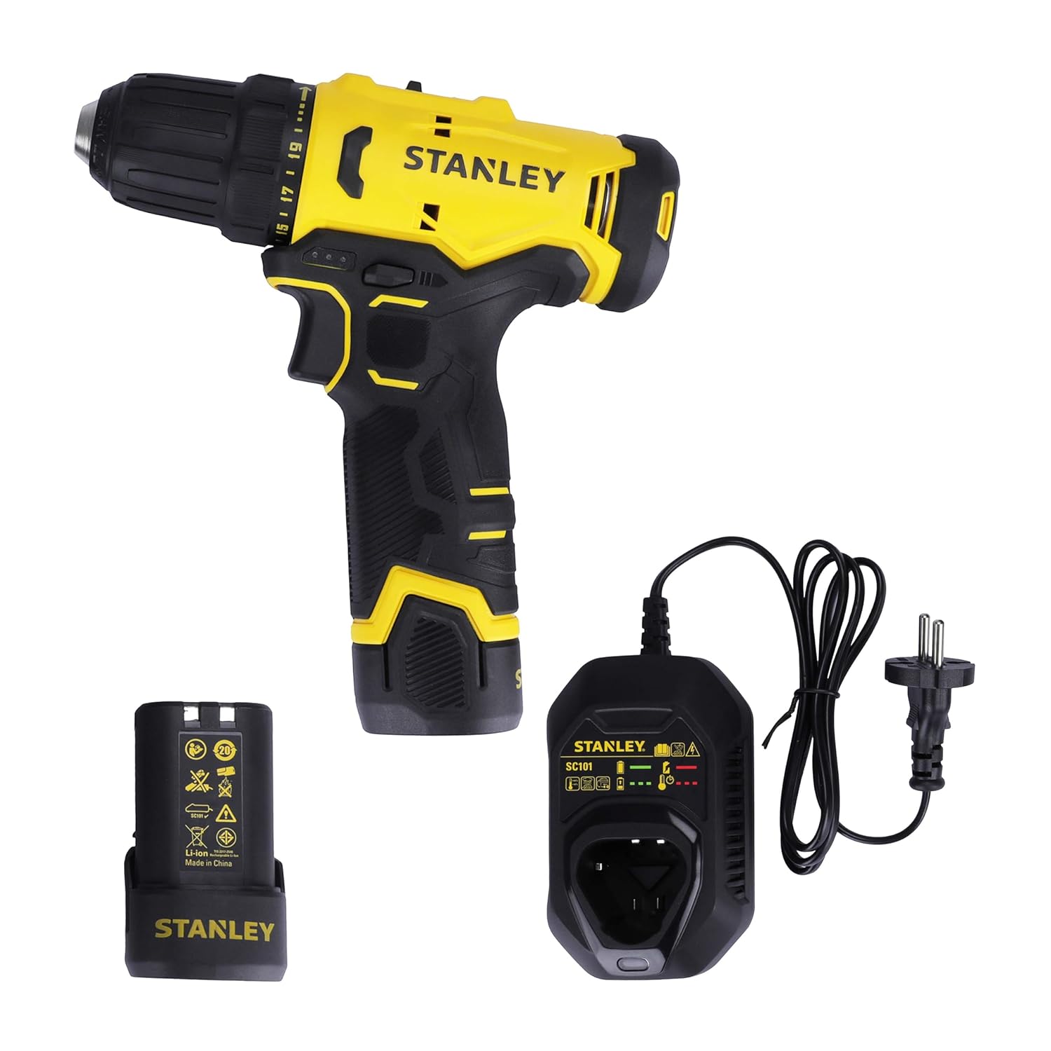 STANLEY SCD10D2K-IN(12 V) Brushed Cordless Drill Driver, 2x2Ah Batteries & 1.5A Charger, LED light, Variable Speed Trigger Switch, ForwardReverse Button,10mm Chuck,Clutch Setting 20+3,1 Year Warranty