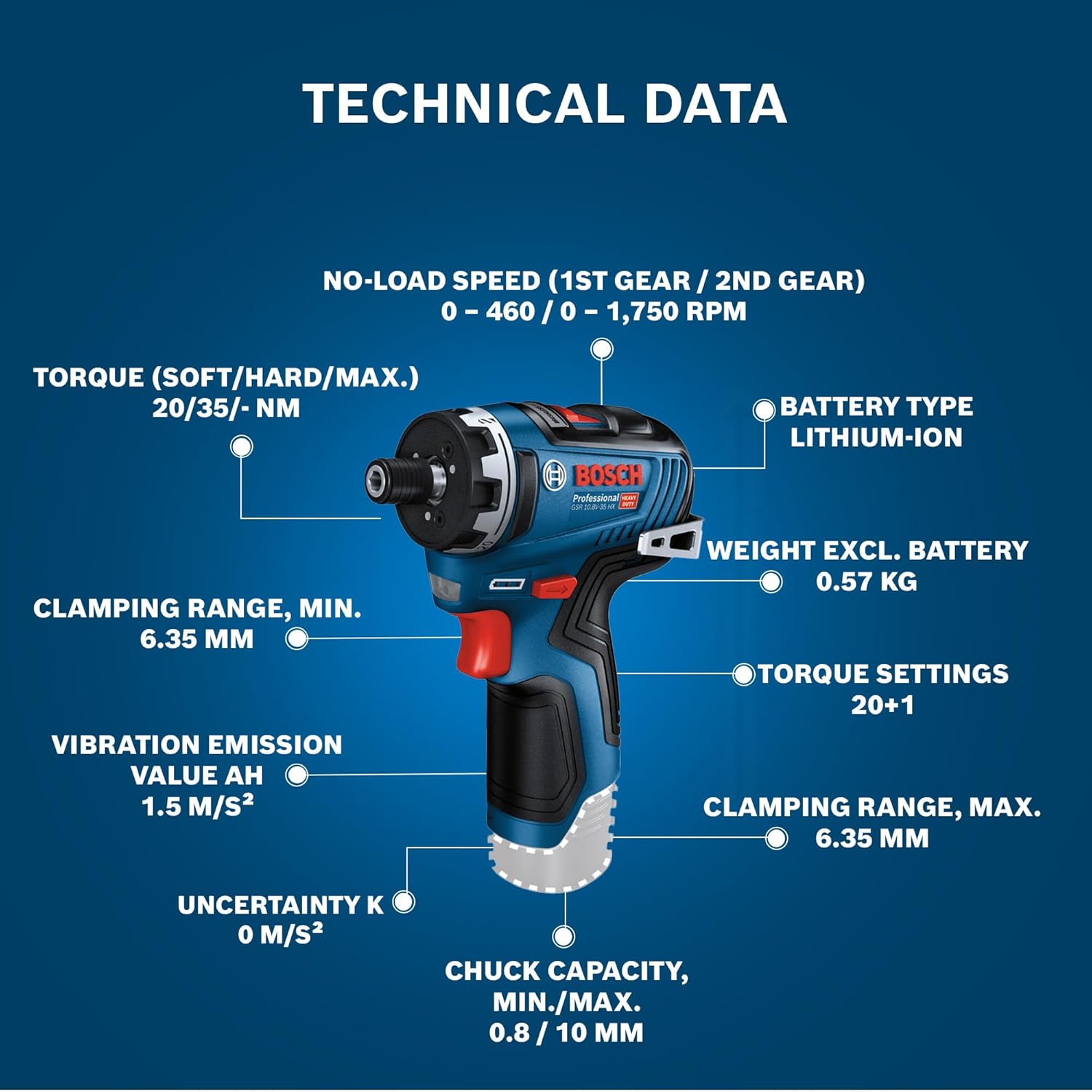 Bosch GSR 12V-35 HX Heavy Duty Cordless Screwdriver, Brushless Motor, Metal Gear, 1,750 rpm, 10 mm Chuck, 1/4″ bit, 0.5 Kg + Carrying Case (12V Battery and Charger sold