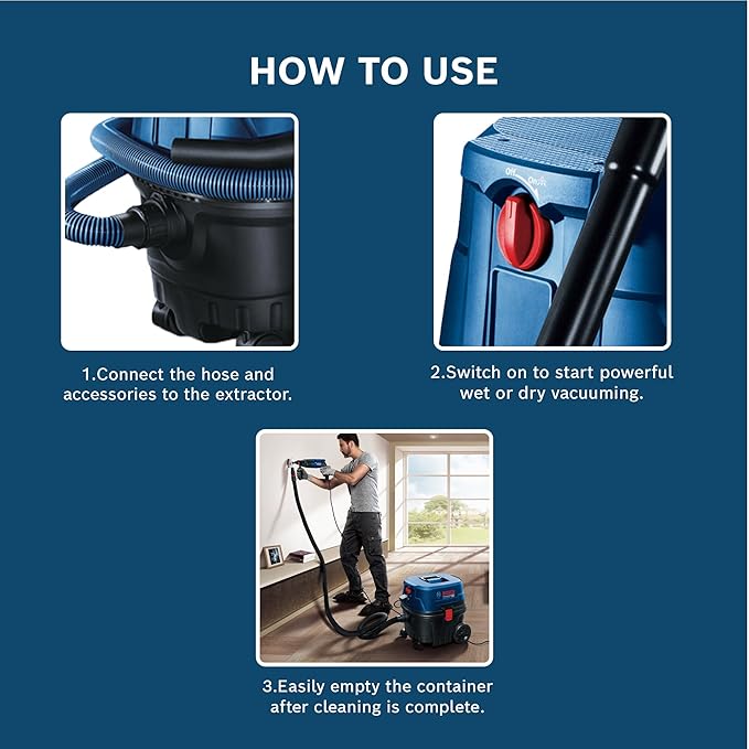 Bosch Gas 12-25 Professional Wet/Dry Extractor – 1250W Power, HEPA H13 Filter Captures 99.95% Fine Dust, 25L Capacity, Patented Filter Cleaning, 230V, 1 Year Warranty