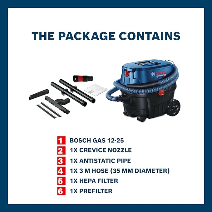 Bosch Gas 12-25 Professional Wet/Dry Extractor – 1250W Power, HEPA H13 Filter Captures 99.95% Fine Dust, 25L Capacity, Patented Filter Cleaning, 230V, 1 Year Warranty
