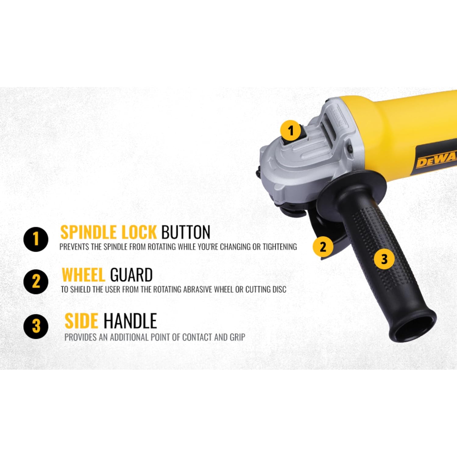 DEWALT DW801-IN, 850W, 4” (100mm) Heavy Duty Angle Grinder Engineered For Heavy Duty Applications with Spindle Lock and Toggle switch, 2 Year Warranty