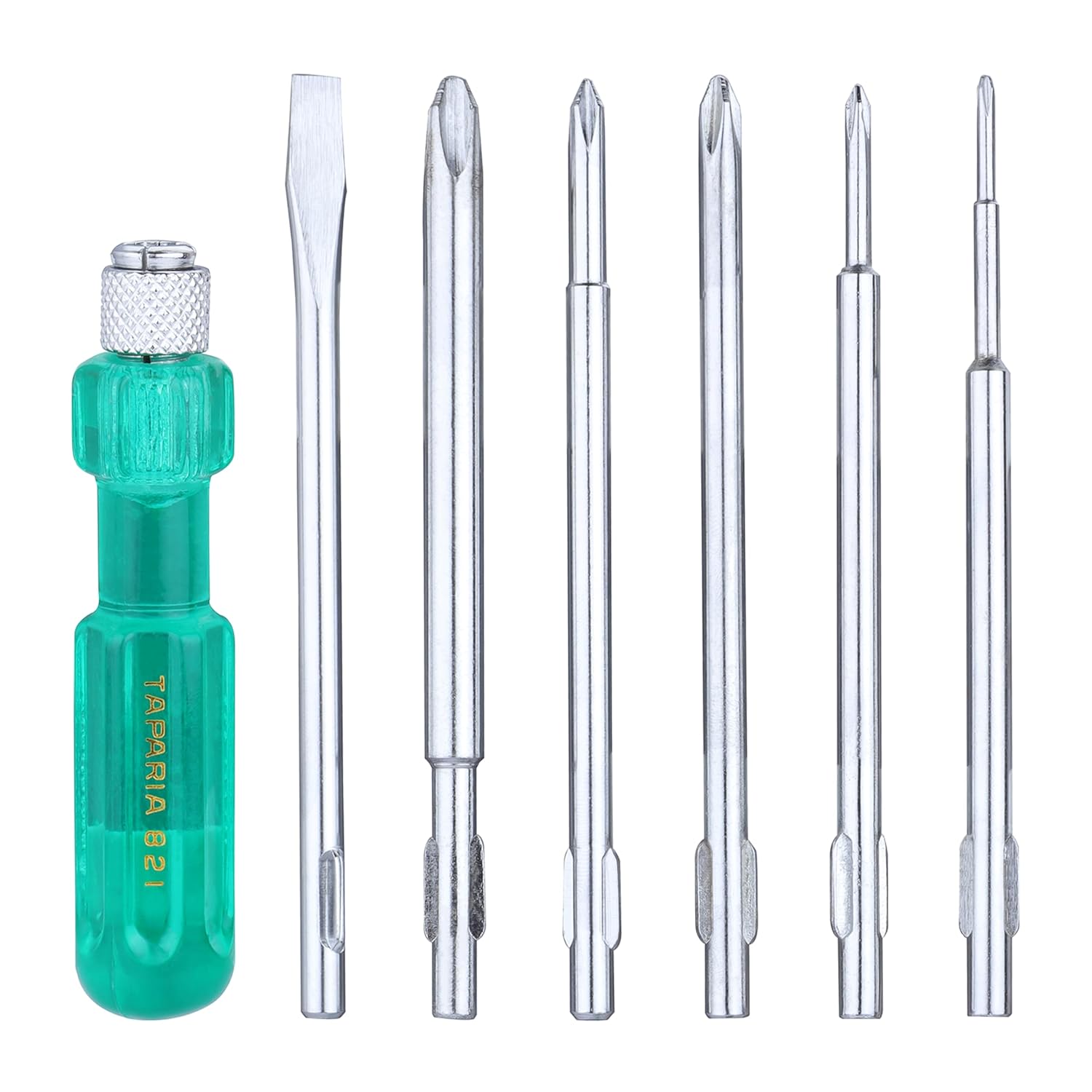 Taparia Model 821 Screwdriver Set Multi-Tip with Phillips Tips – Sizes Phillips 00, 0, 1, 2, 3 and slotted 6×0.6 Durable Hardened Steel Tips Ergonomic Handles. DIY, Professional and Industrial use.