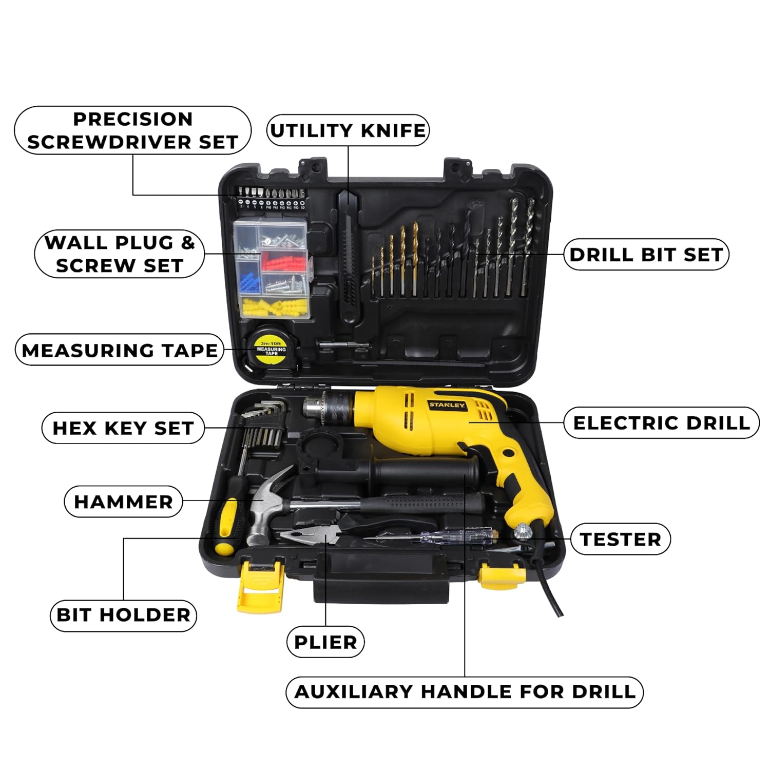 STANLEY SDH550KPA-IN 550W 13mm CORDED HAMMER DRILL MACHINE & HAND TOOL KIT for Home, DIY & Professional Use (120-PIECES) – INCLUDES Hammer Drill,Plier,Hammer,Measuring Tape & Drill Bits,1YearWarranty