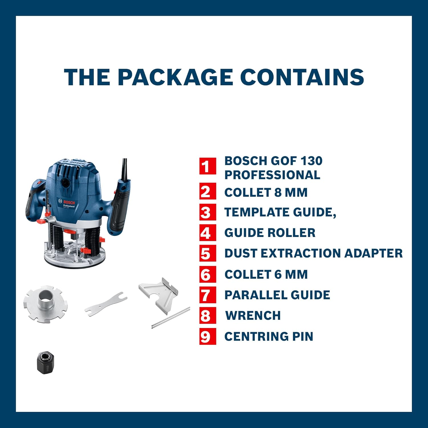 Bosch GOF 130 Corded Electric Router, 1,300W, 8 mm Bit, 28,000 rpm, 40 mm, Variable Speed, Restart Protection, Constant Speed, 3.5 kg + 8 Bosch Accessories,